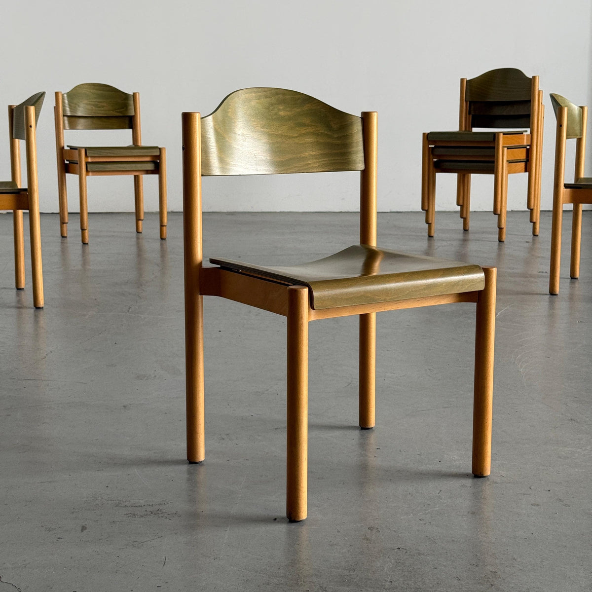 Stackable Dining Chairs in Olive-Green Plywood