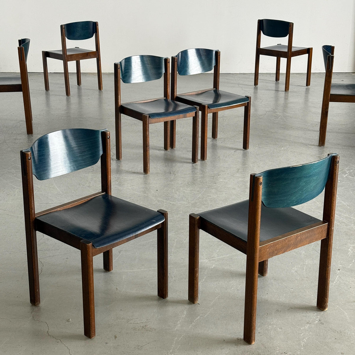 German Stacking Chairs in Petrol Blue Plywood