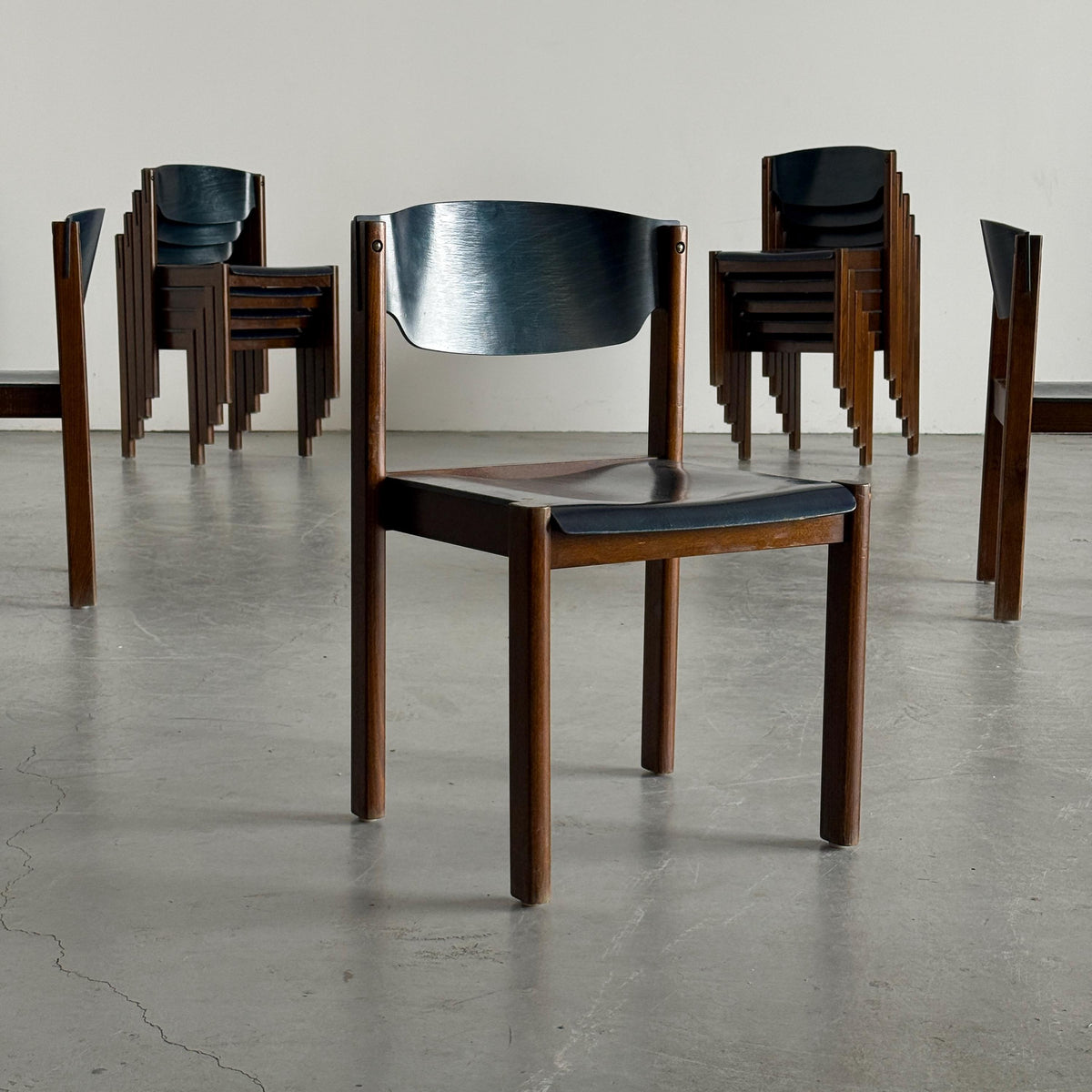German Stacking Chairs in Petrol Blue Plywood