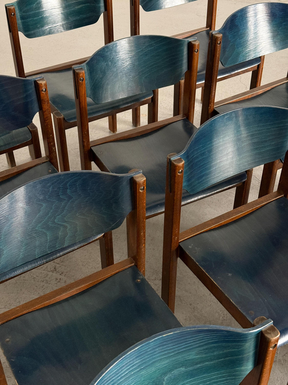 German Stacking Chairs in Petrol Blue Plywood