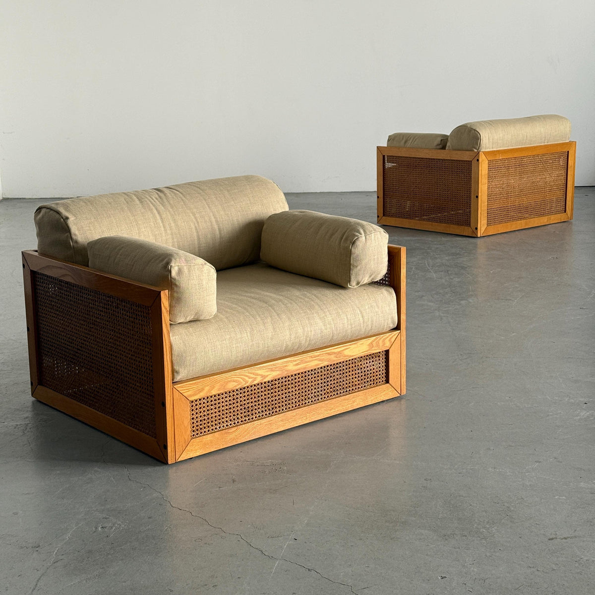 Woven Cane Armchairs in Warm Ivory Linen