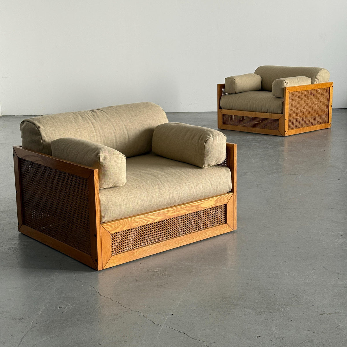 Woven Cane Armchairs in Warm Ivory Linen