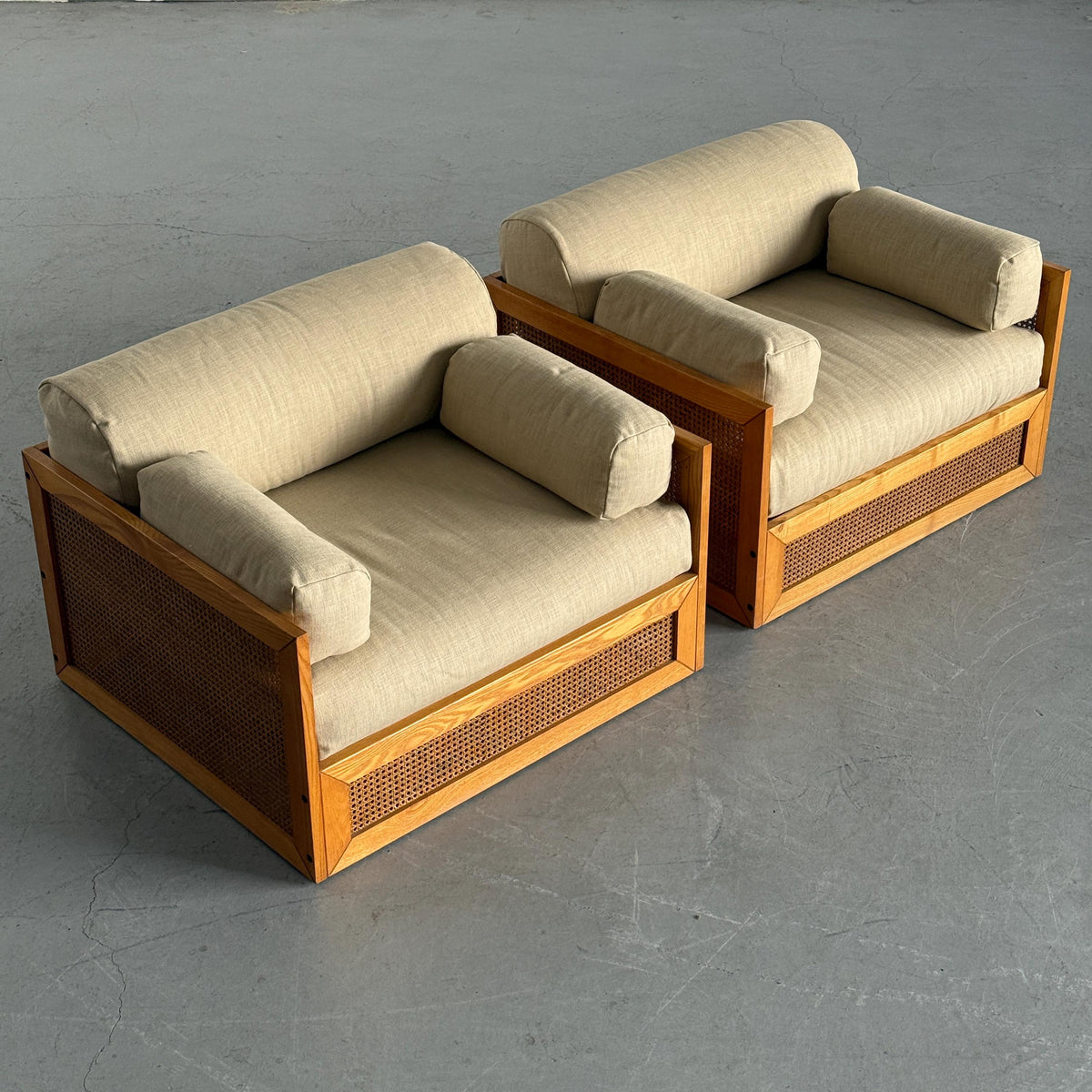 Woven Cane Armchairs in Warm Ivory Linen