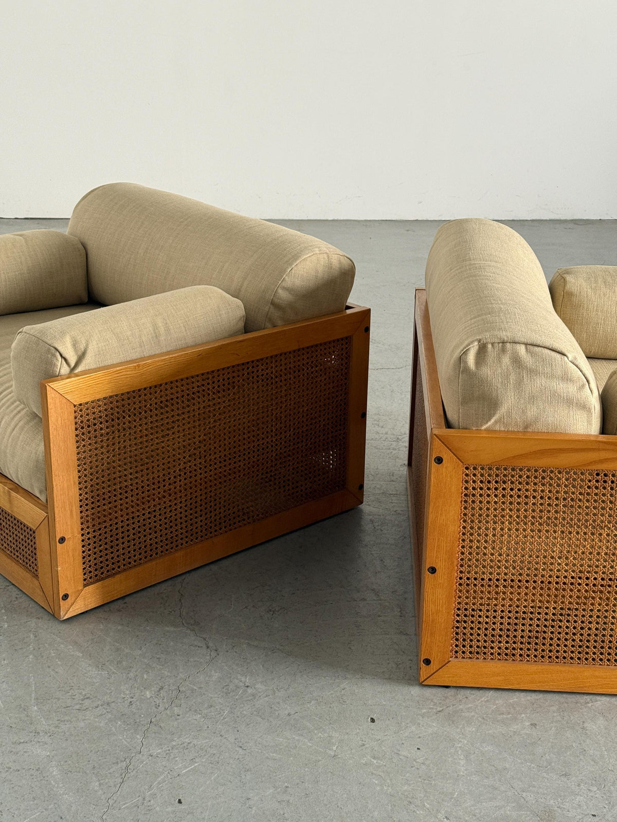 Woven Cane Armchairs in Warm Ivory Linen