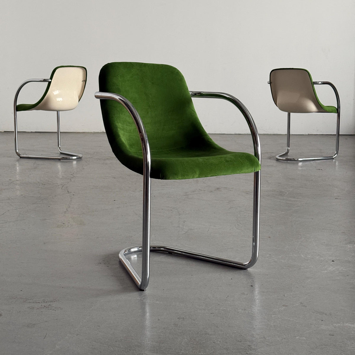 Green Velvet Cantilever Armchairs Attributed to Giovanni Offredi