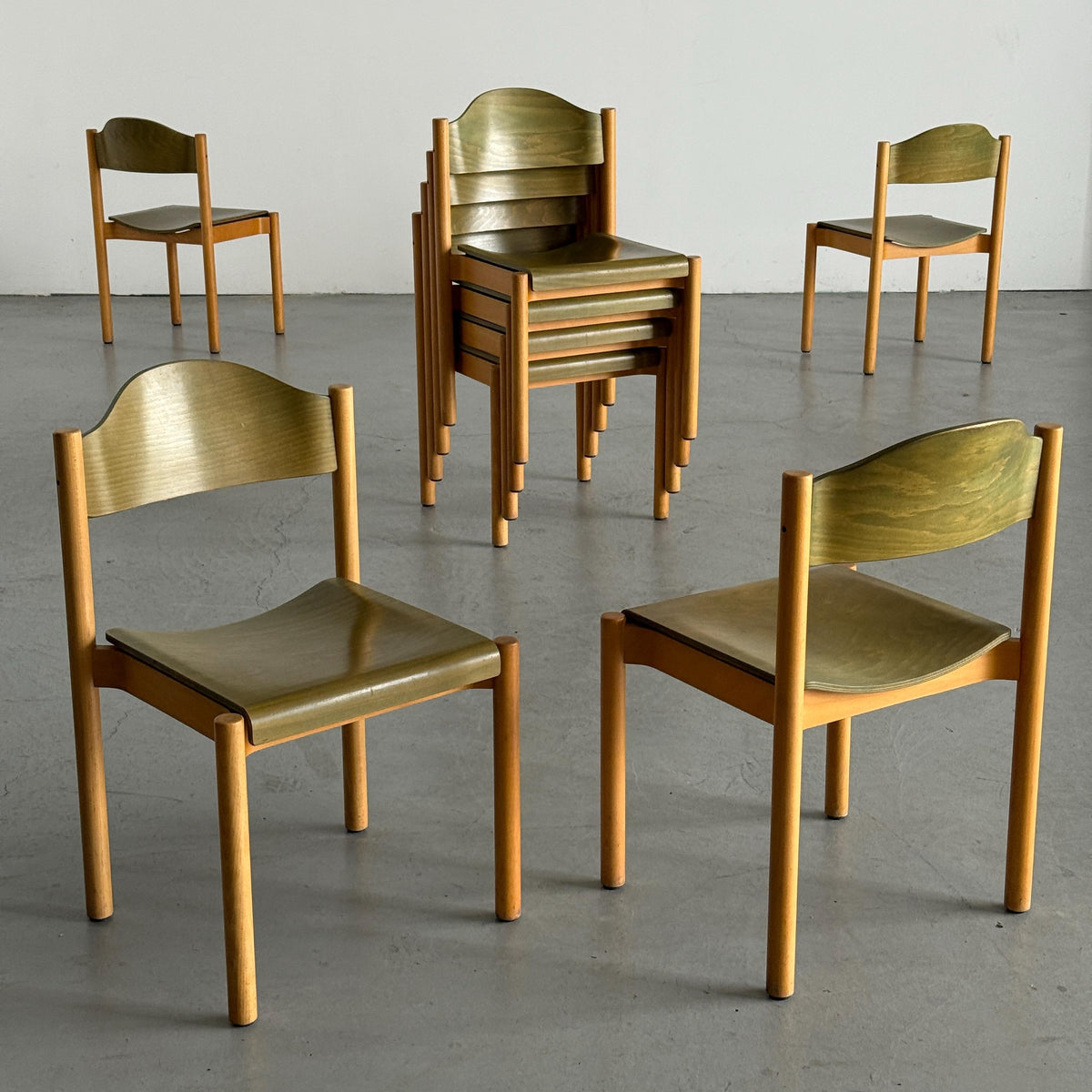 Stackable Dining Chairs in Olive-Green Plywood