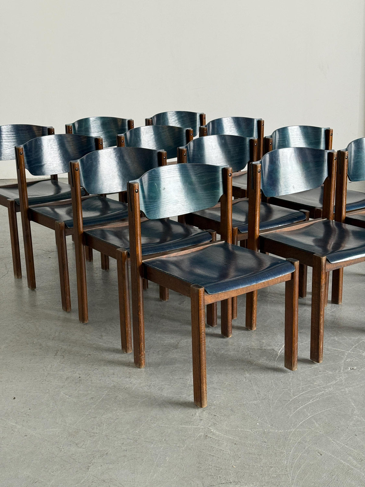 German Stacking Chairs in Petrol Blue Plywood