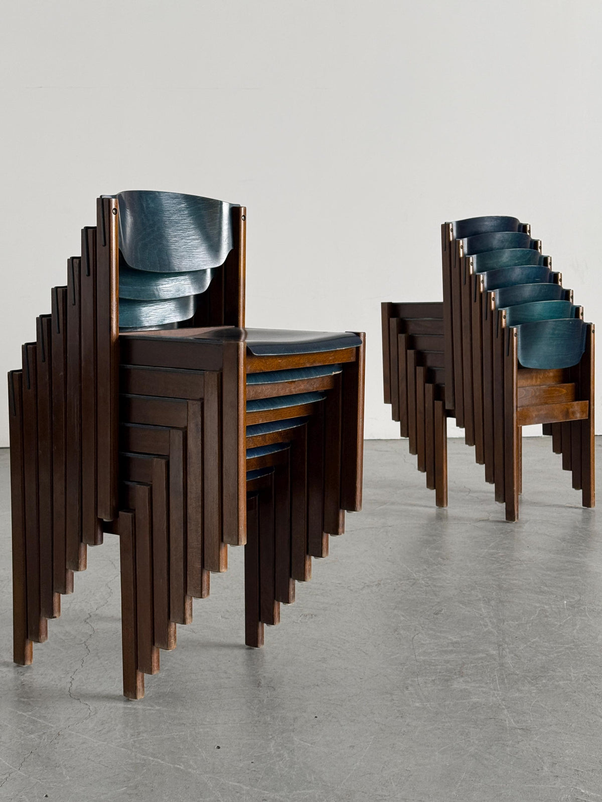 German Stacking Chairs in Petrol Blue Plywood