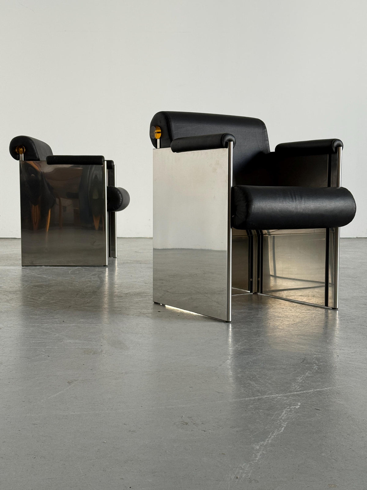 French Postmodern Armchairs in Polished Metal