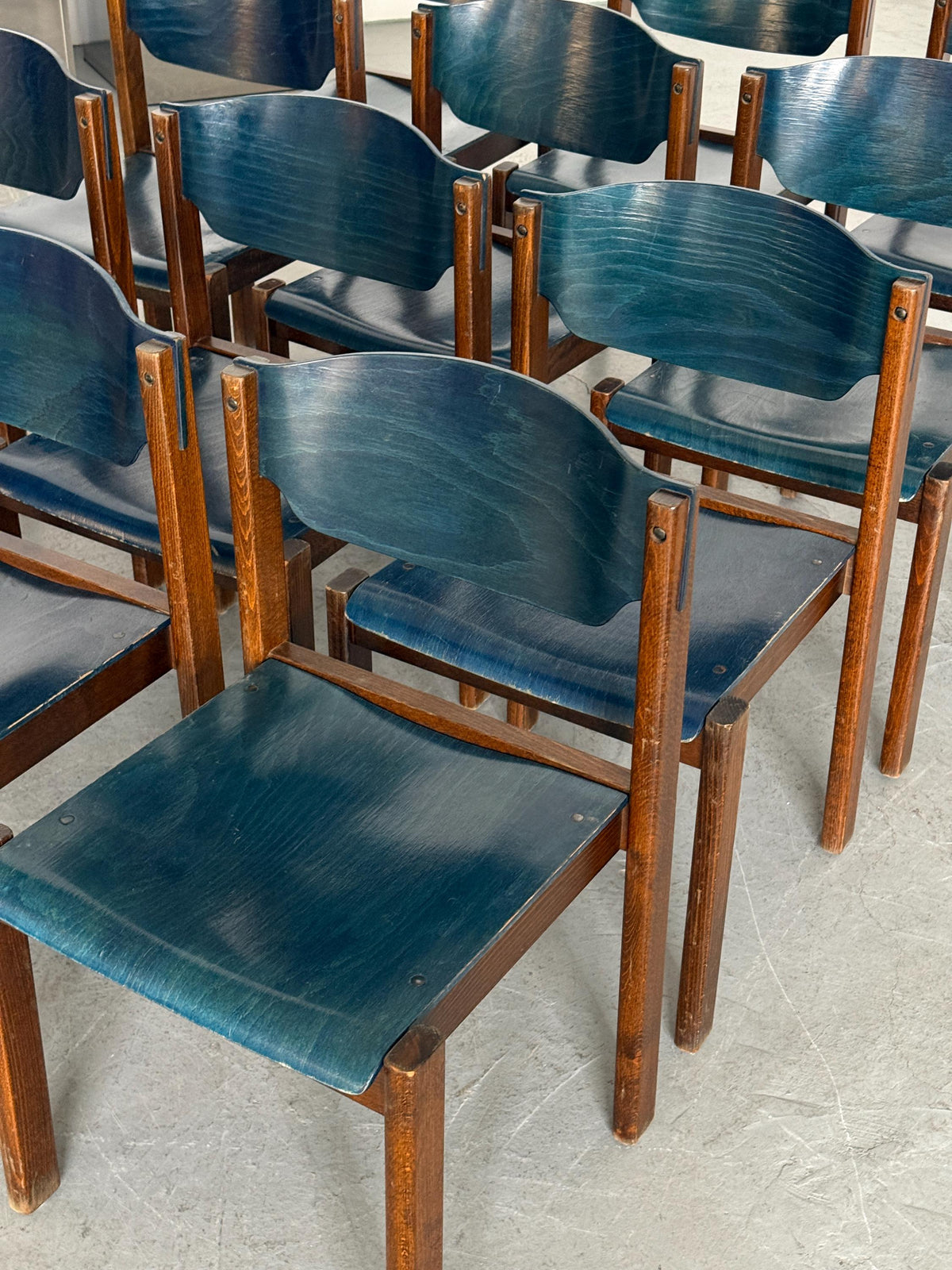 German Stacking Chairs in Petrol Blue Plywood