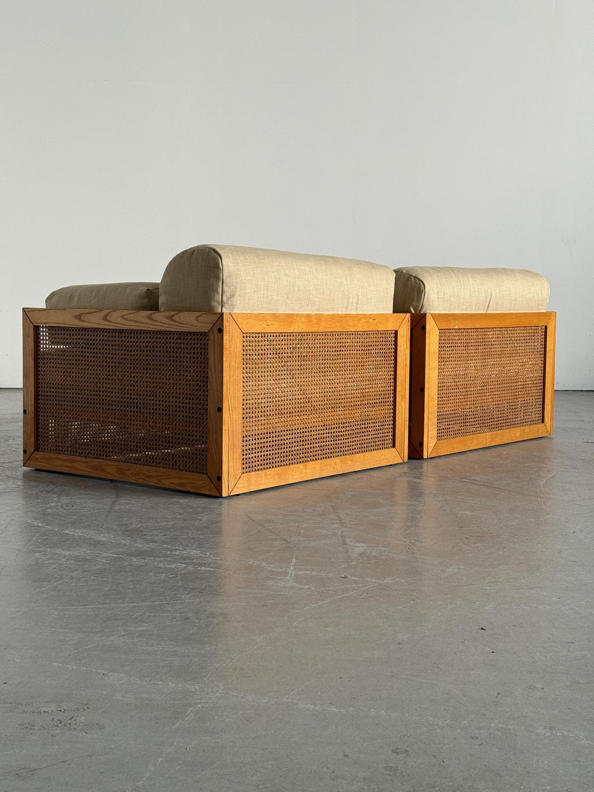 Woven Cane Armchairs in Warm Ivory Linen