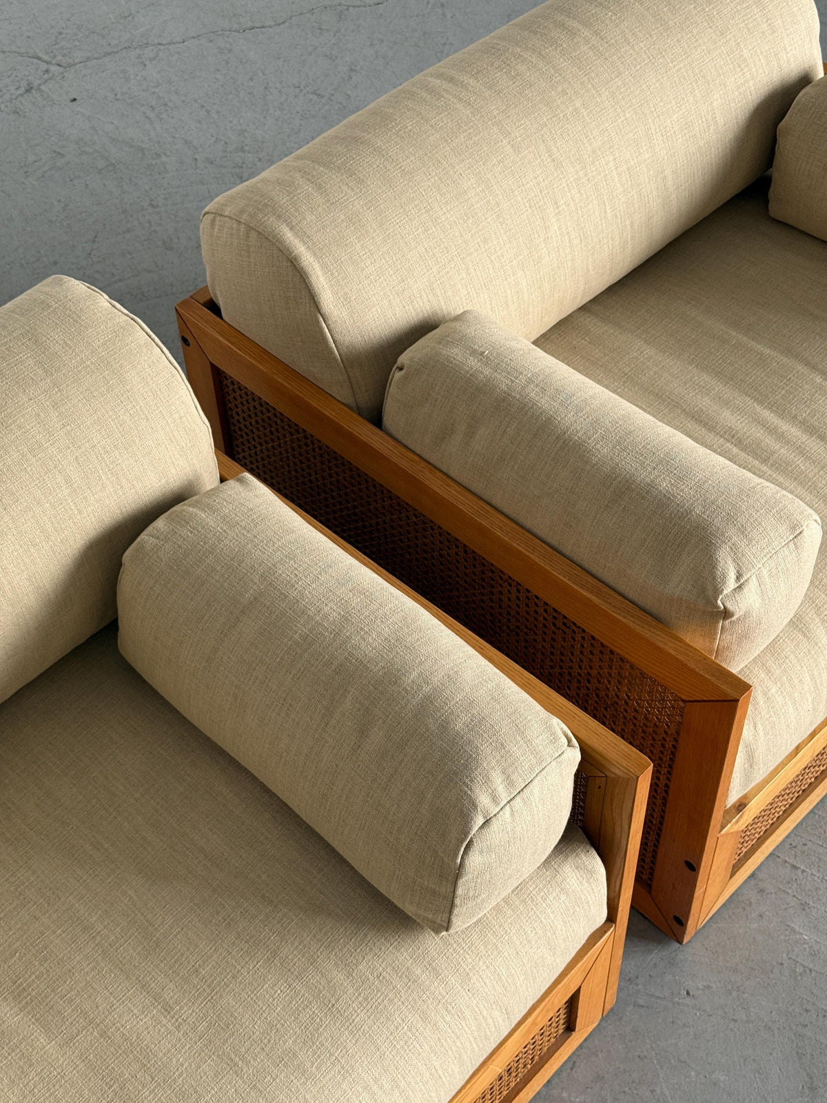 Woven Cane Armchairs in Warm Ivory Linen