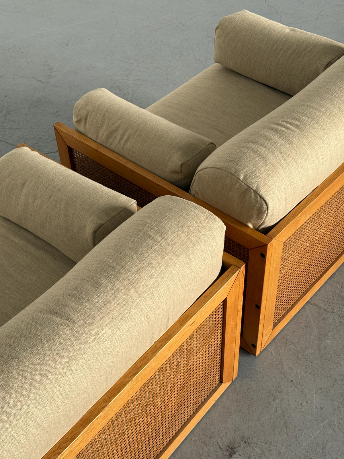 Woven Cane Armchairs in Warm Ivory Linen
