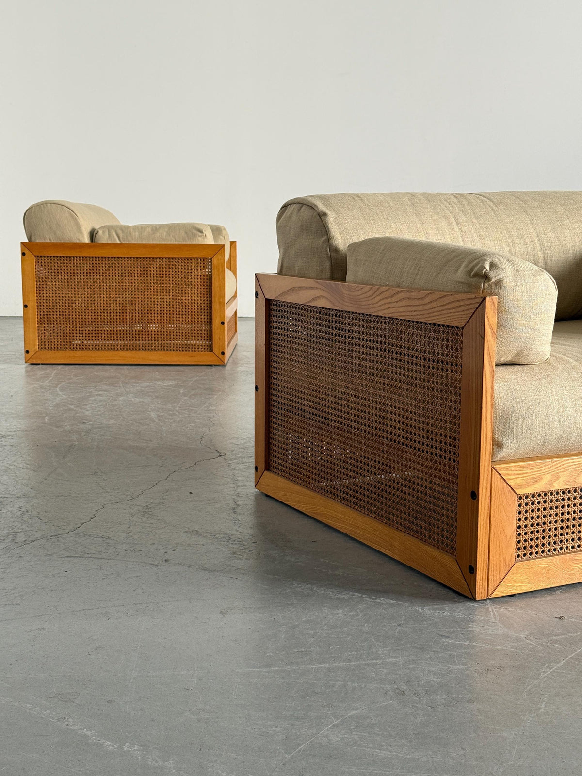 Woven Cane Armchairs in Warm Ivory Linen