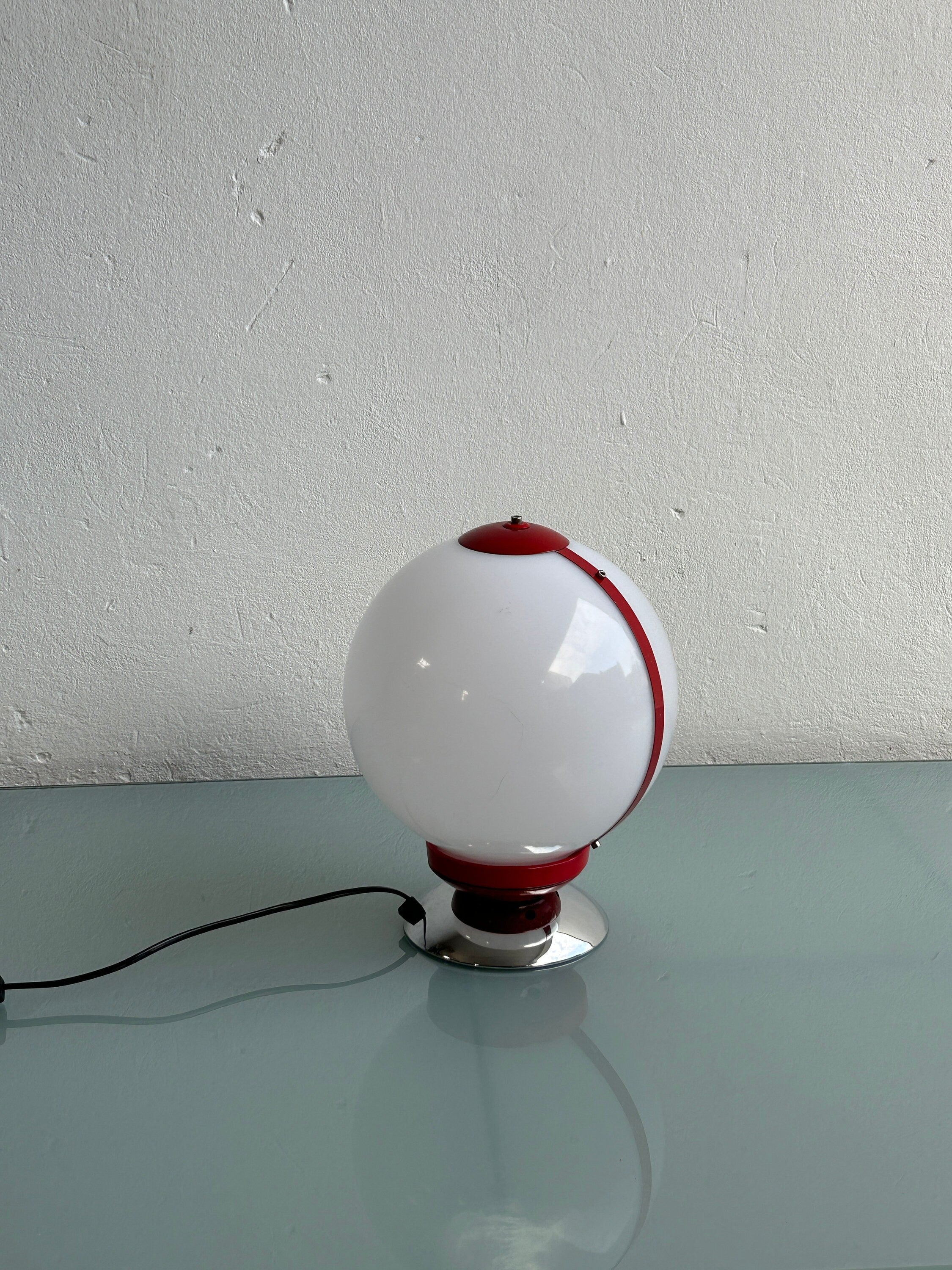 White and Red Plastic Sphere and Chrome Table Lamp