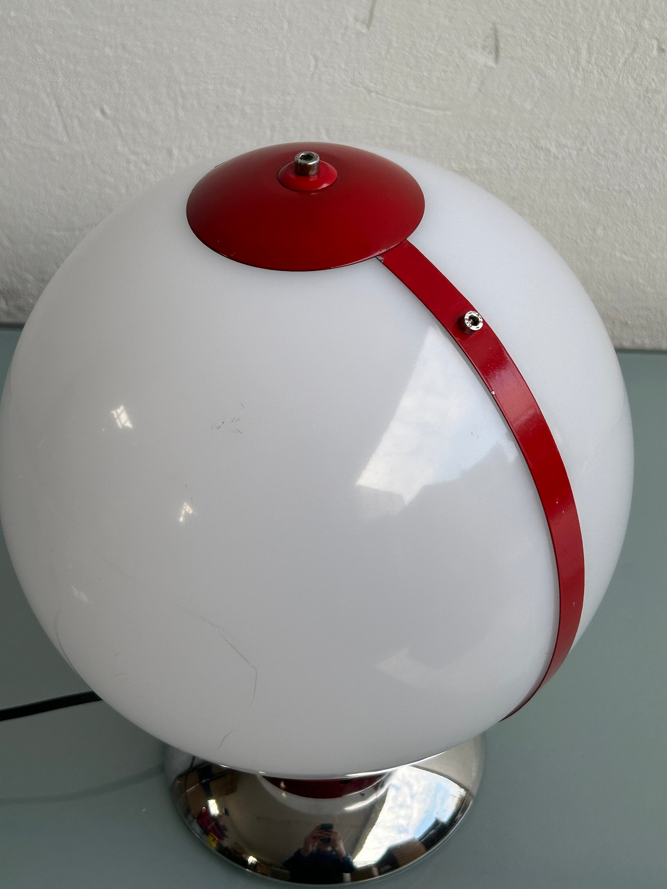 White and Red Plastic Sphere and Chrome Table Lamp