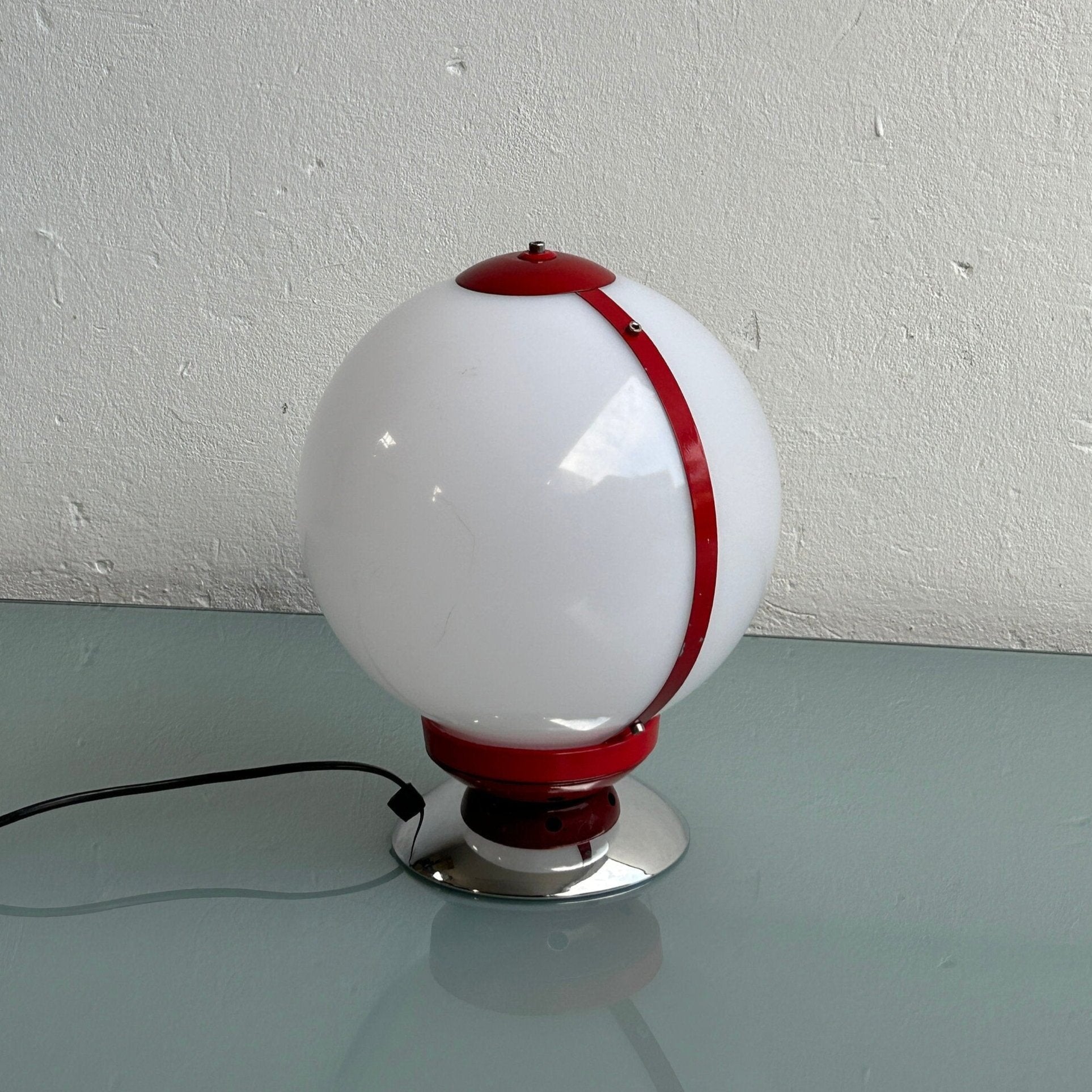 White and Red Plastic Sphere and Chrome Table Lamp