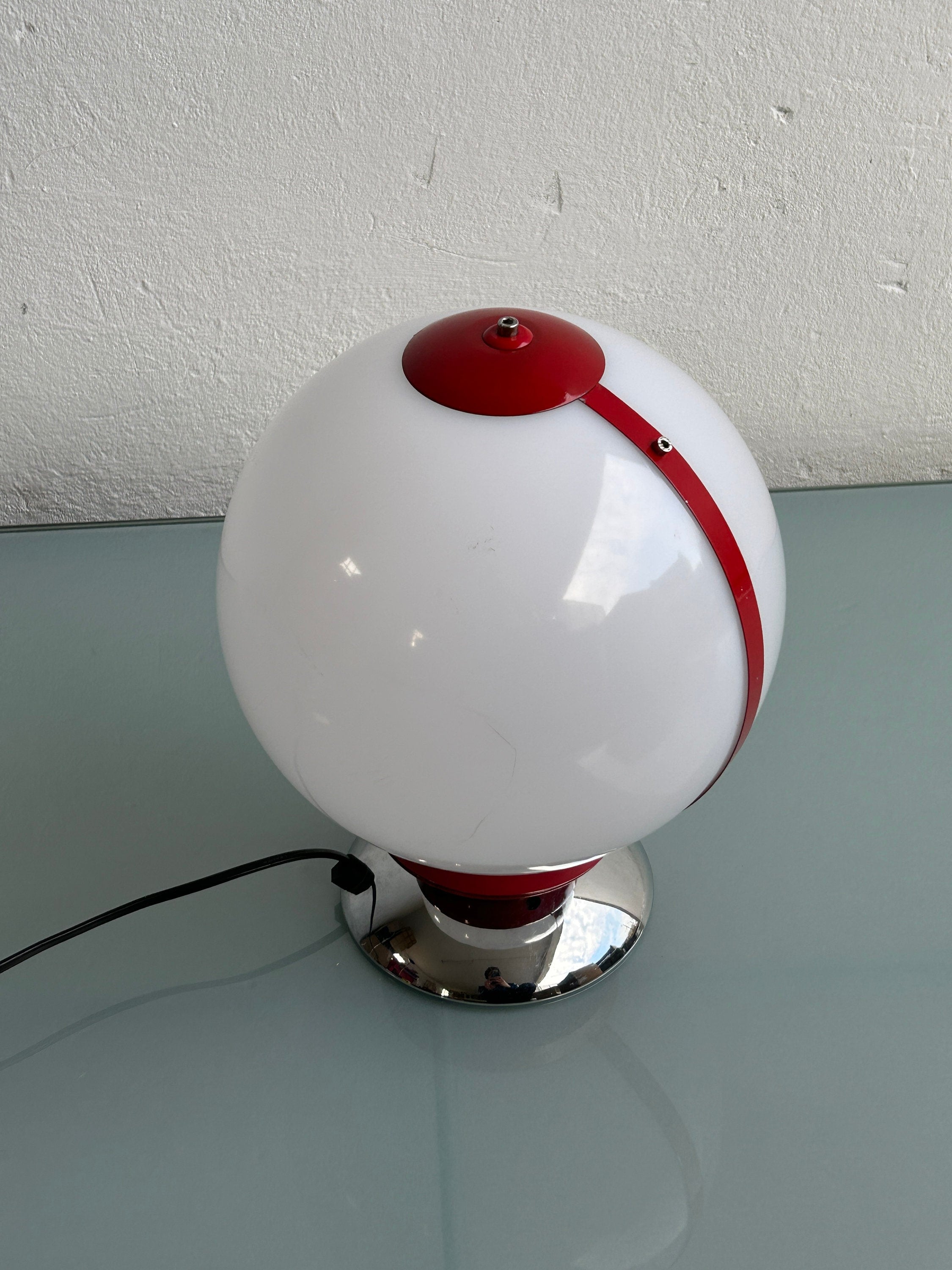 White and Red Plastic Sphere and Chrome Table Lamp