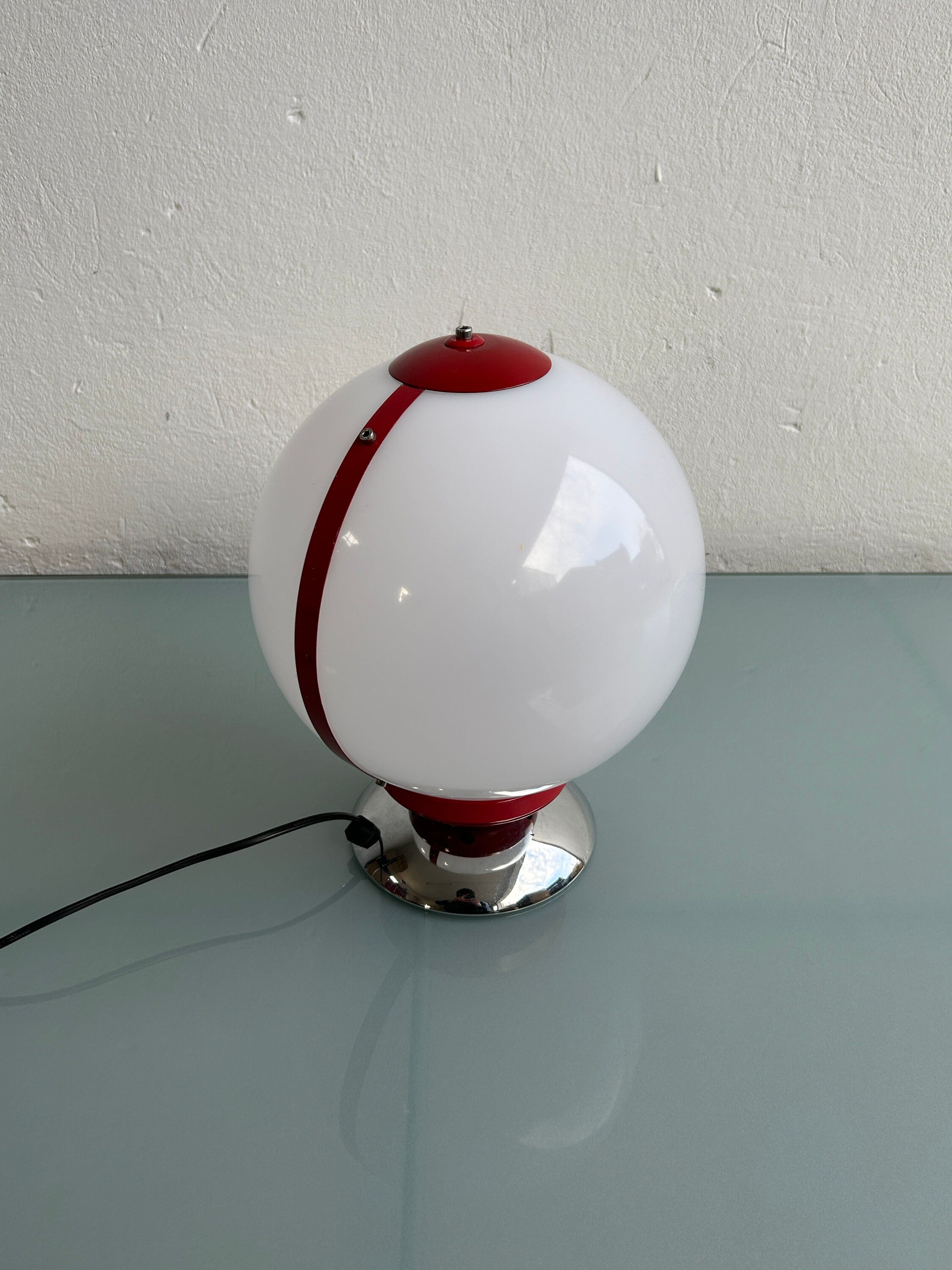 White and Red Plastic Sphere and Chrome Table Lamp