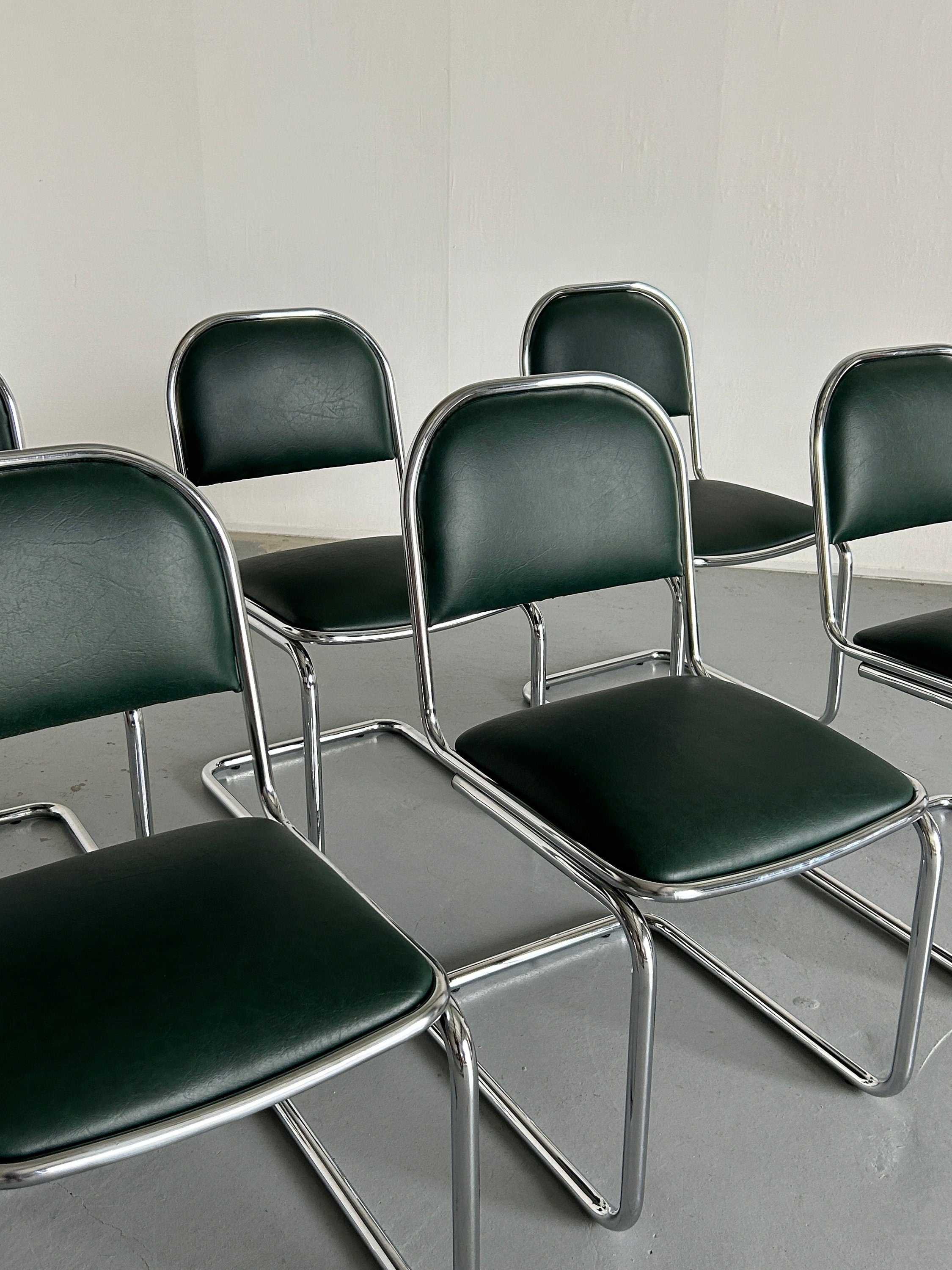 Bauhaus Design Chrome and Green Faux Leather Cantilever Chairs, 1980s