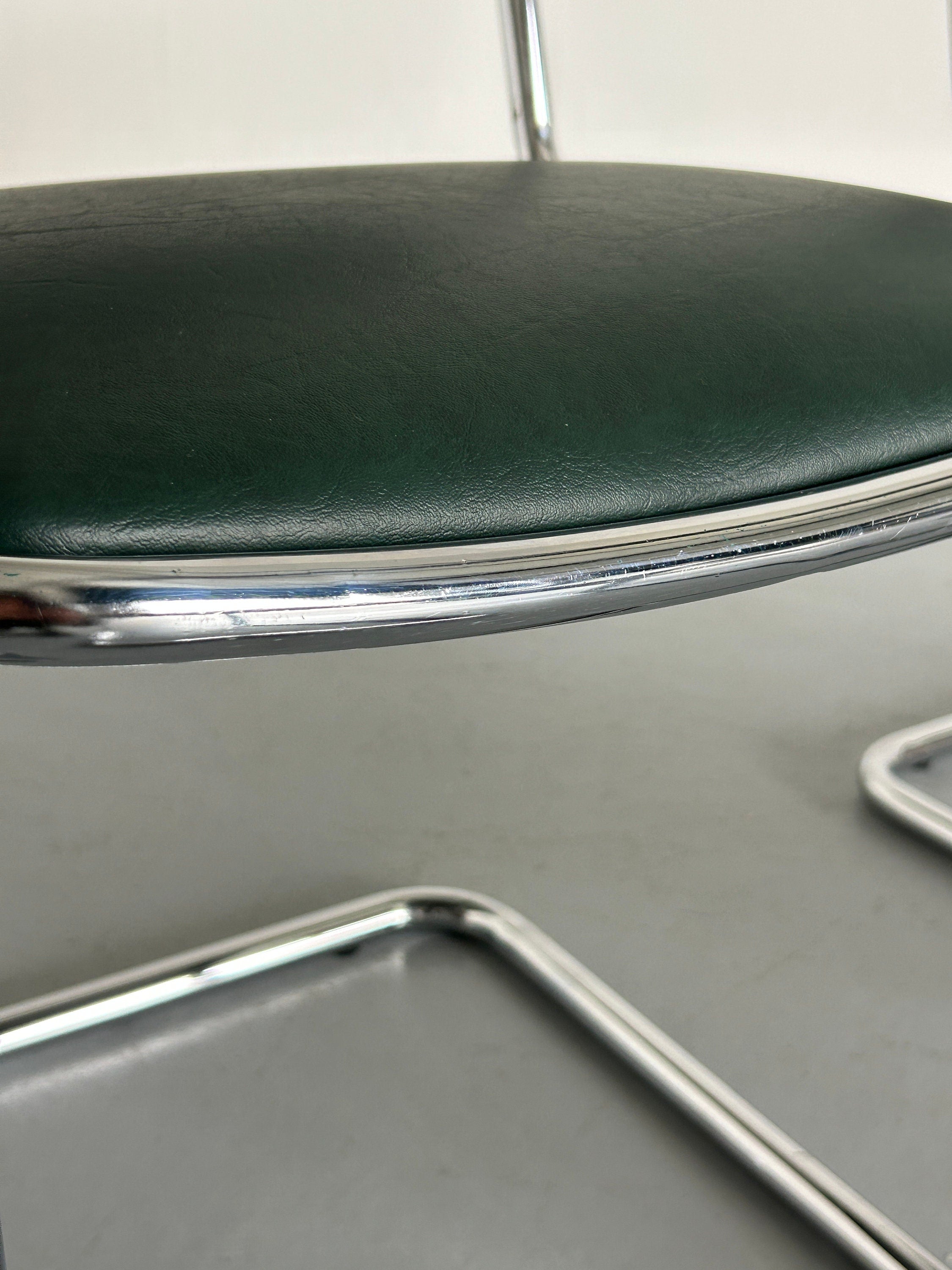 Bauhaus Design Chrome and Green Faux Leather Cantilever Chairs, 1980s