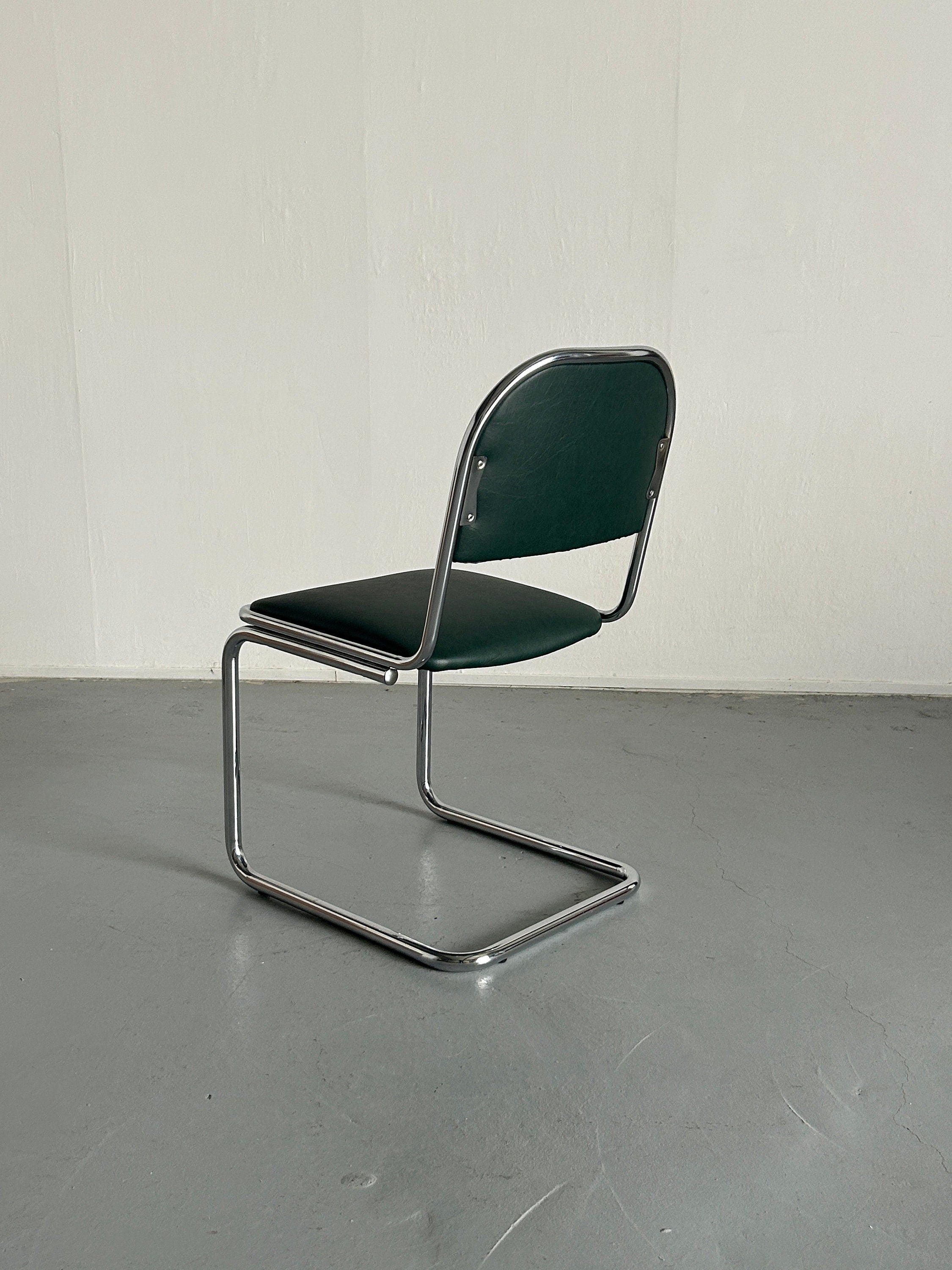 Bauhaus Design Chrome and Green Faux Leather Cantilever Chairs, 1980s