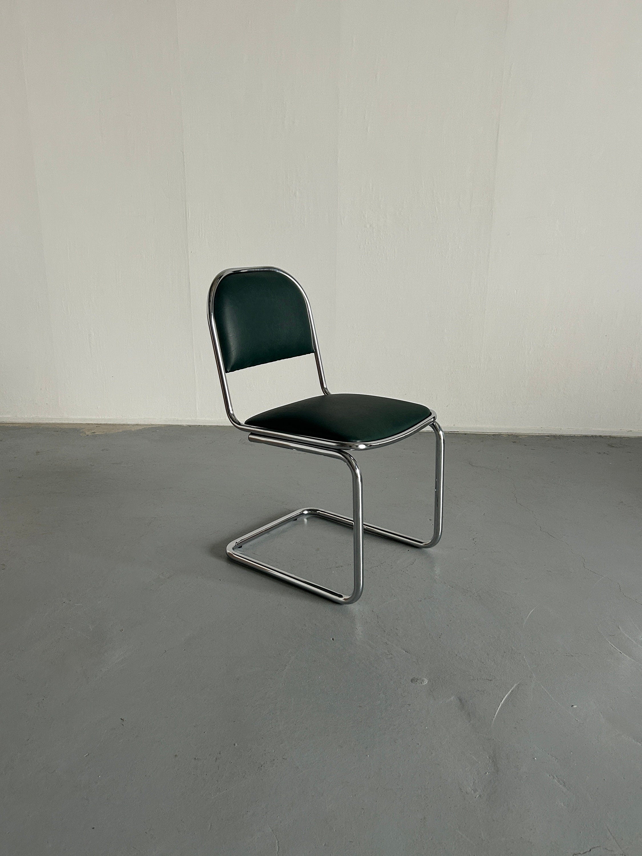 Bauhaus Design Chrome and Green Faux Leather Cantilever Chairs, 1980s