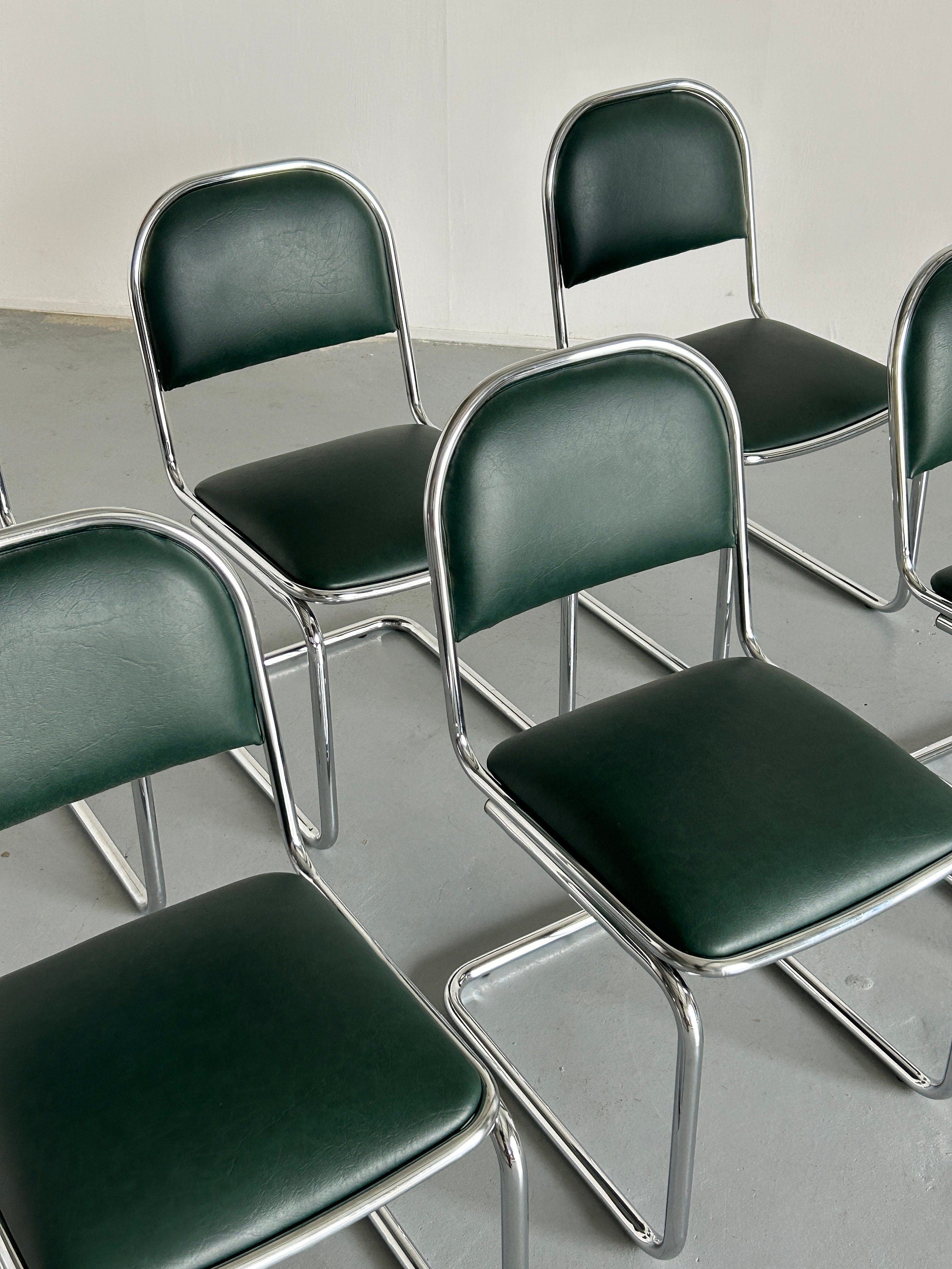 Bauhaus Design Chrome and Green Faux Leather Cantilever Chairs, 1980s