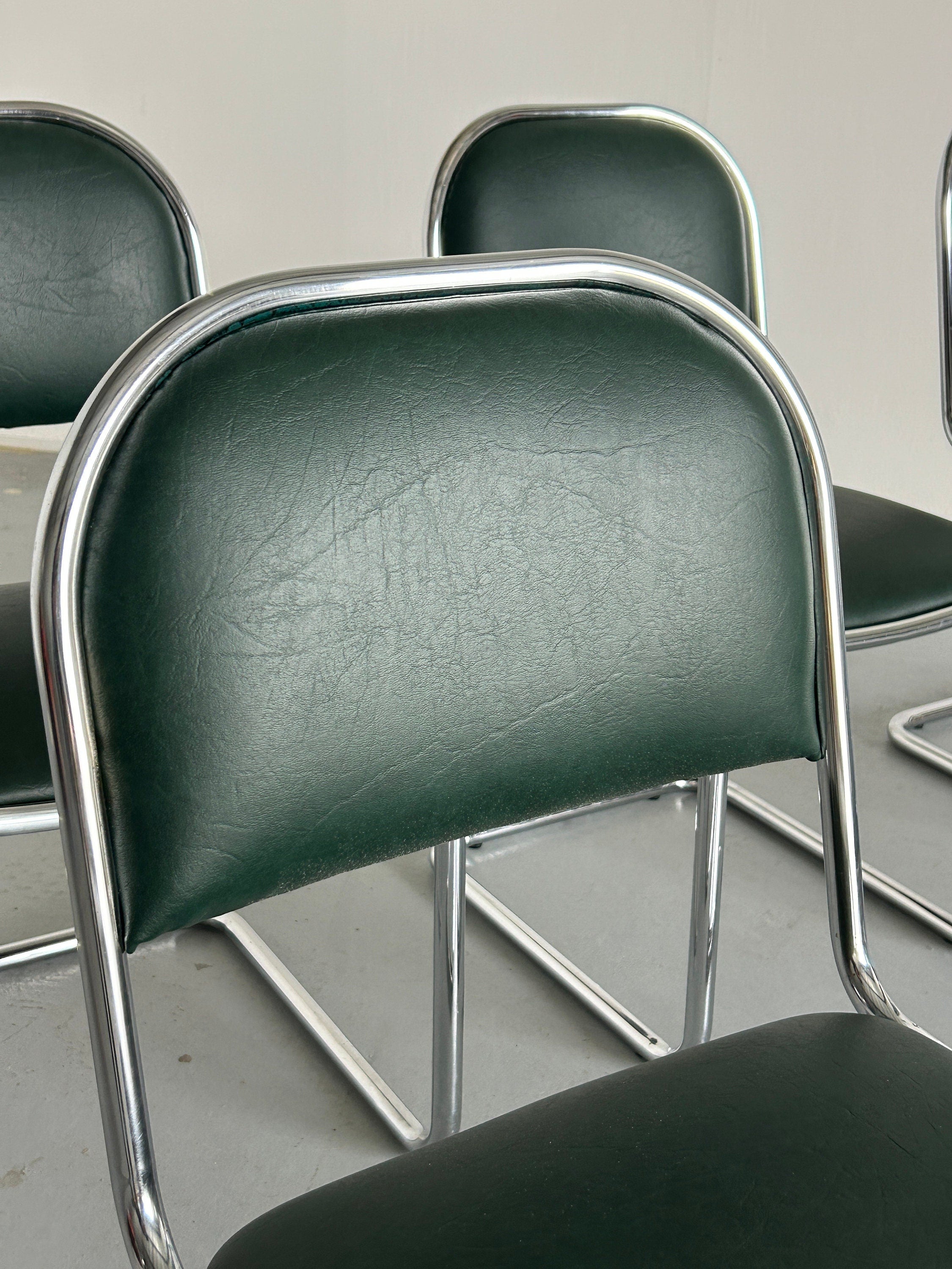 Bauhaus Design Chrome and Green Faux Leather Cantilever Chairs, 1980s