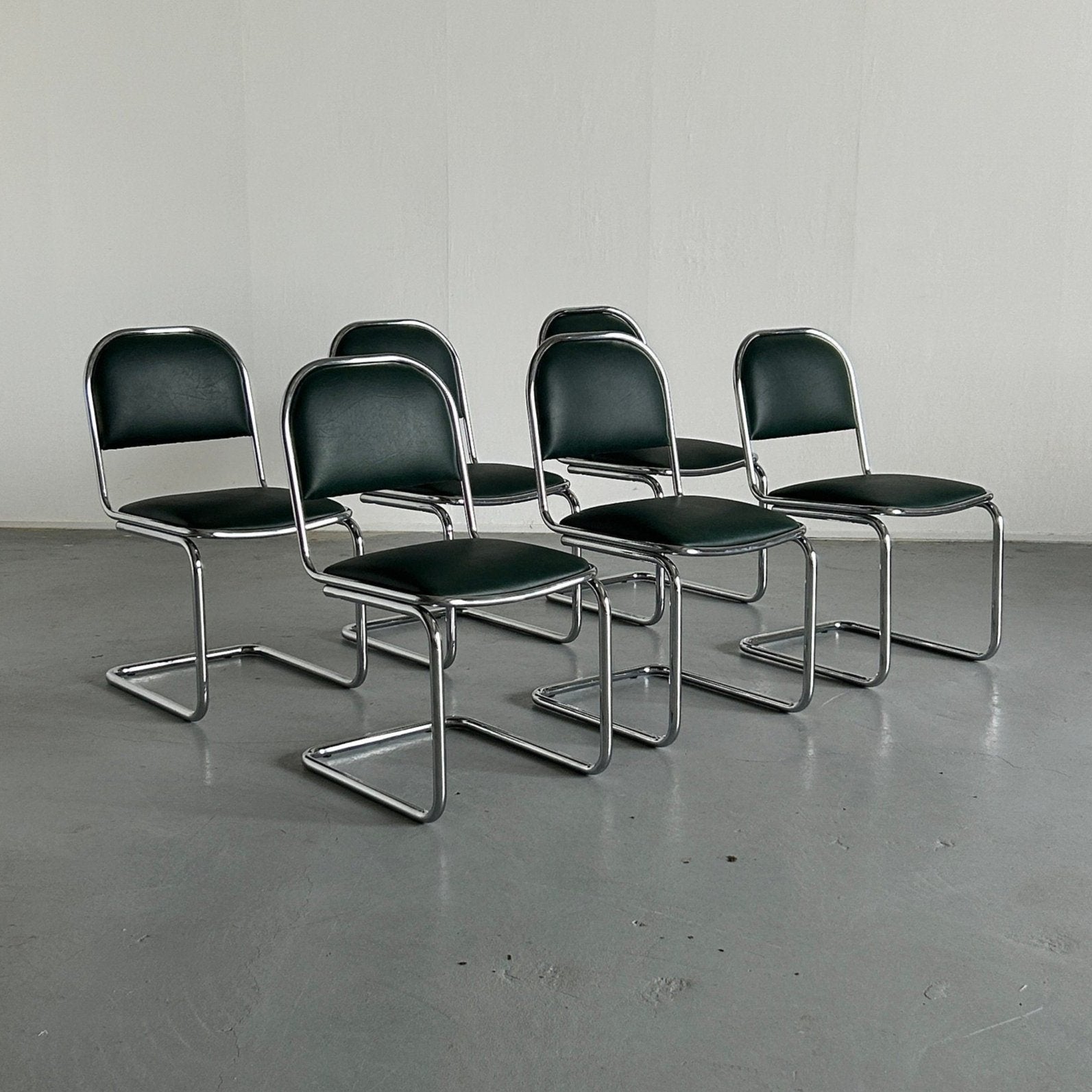 Bauhaus Design Chrome and Green Faux Leather Cantilever Chairs, 1980s