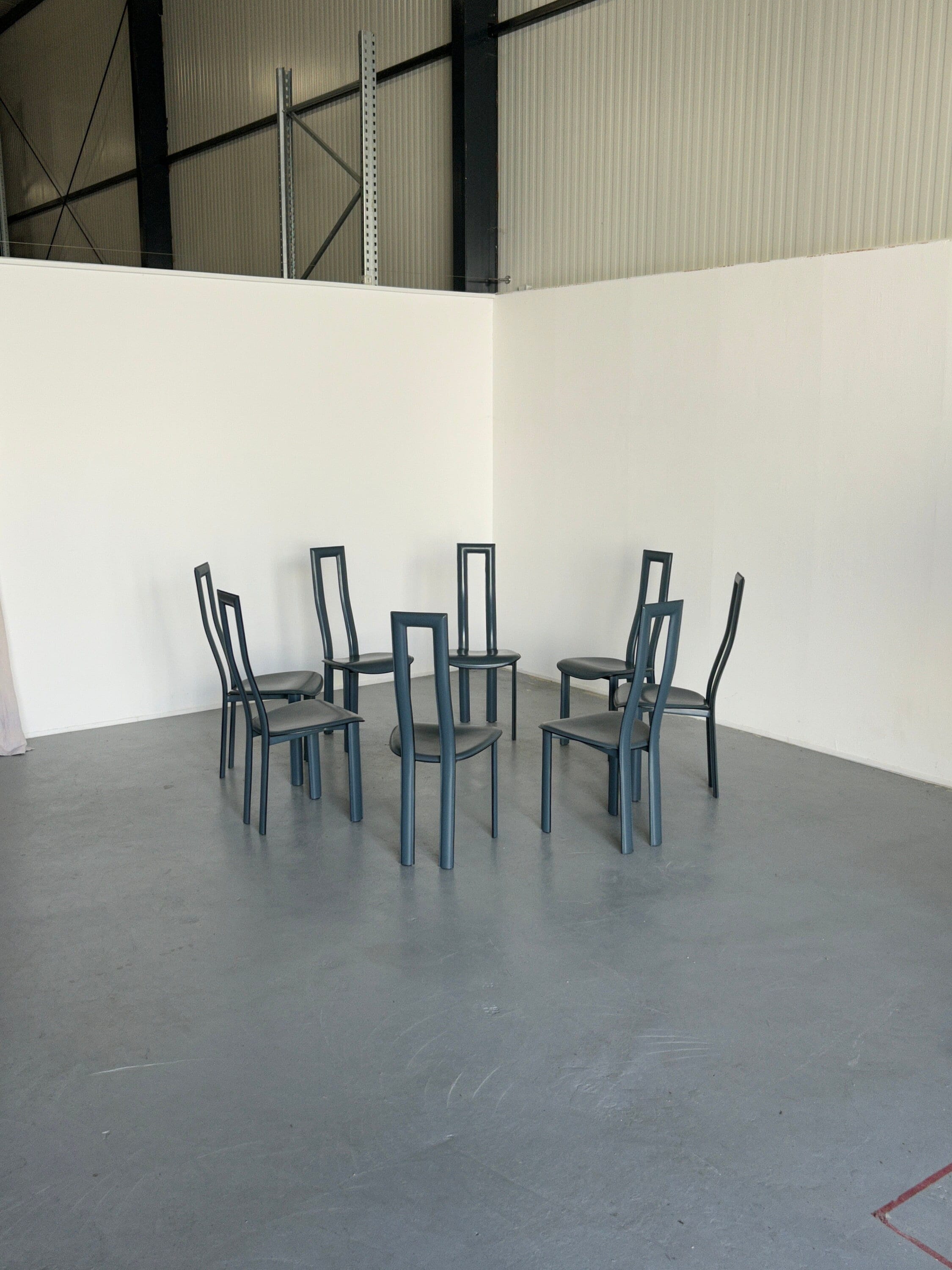 Set of 8 Vintage Italian Leather High Back Postmodern Dining Chairs, in Style of Pietro Constantini, 1980s Italy
