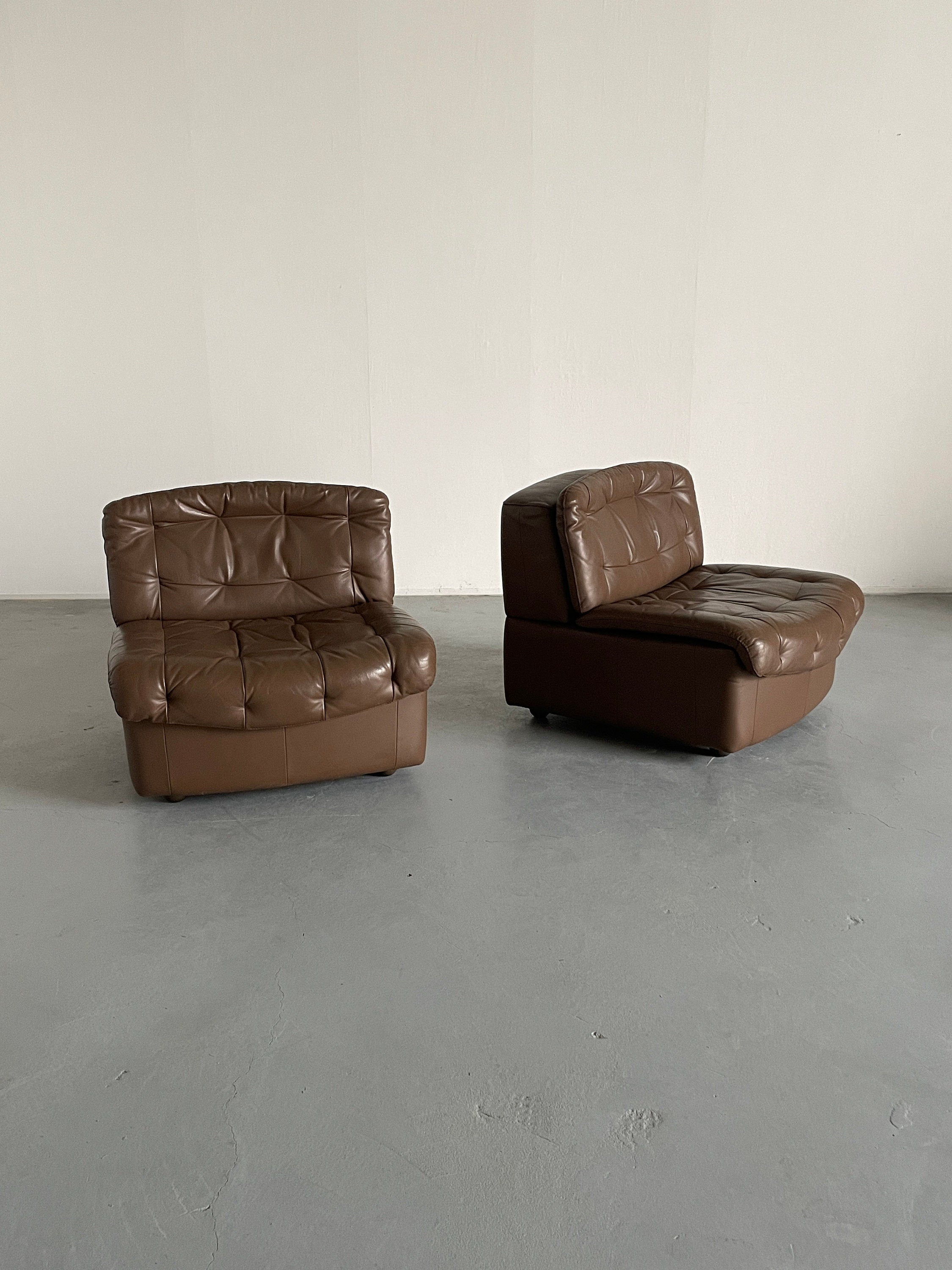 Pair of Leather Lounge Chairs in Style of De Sede, 1970s Italy