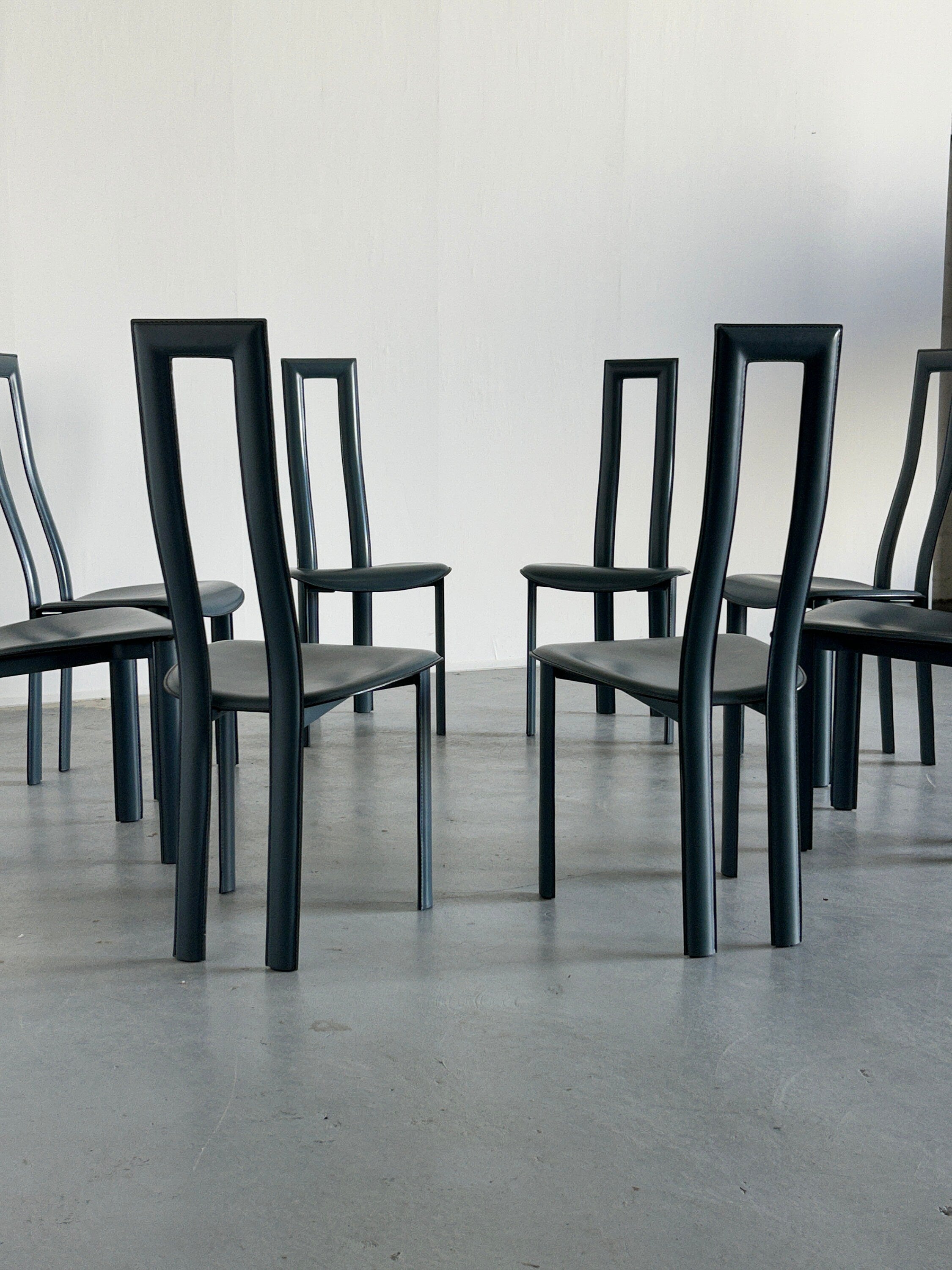 Set of 8 Vintage Italian Leather High Back Postmodern Dining Chairs, in Style of Pietro Constantini, 1980s Italy