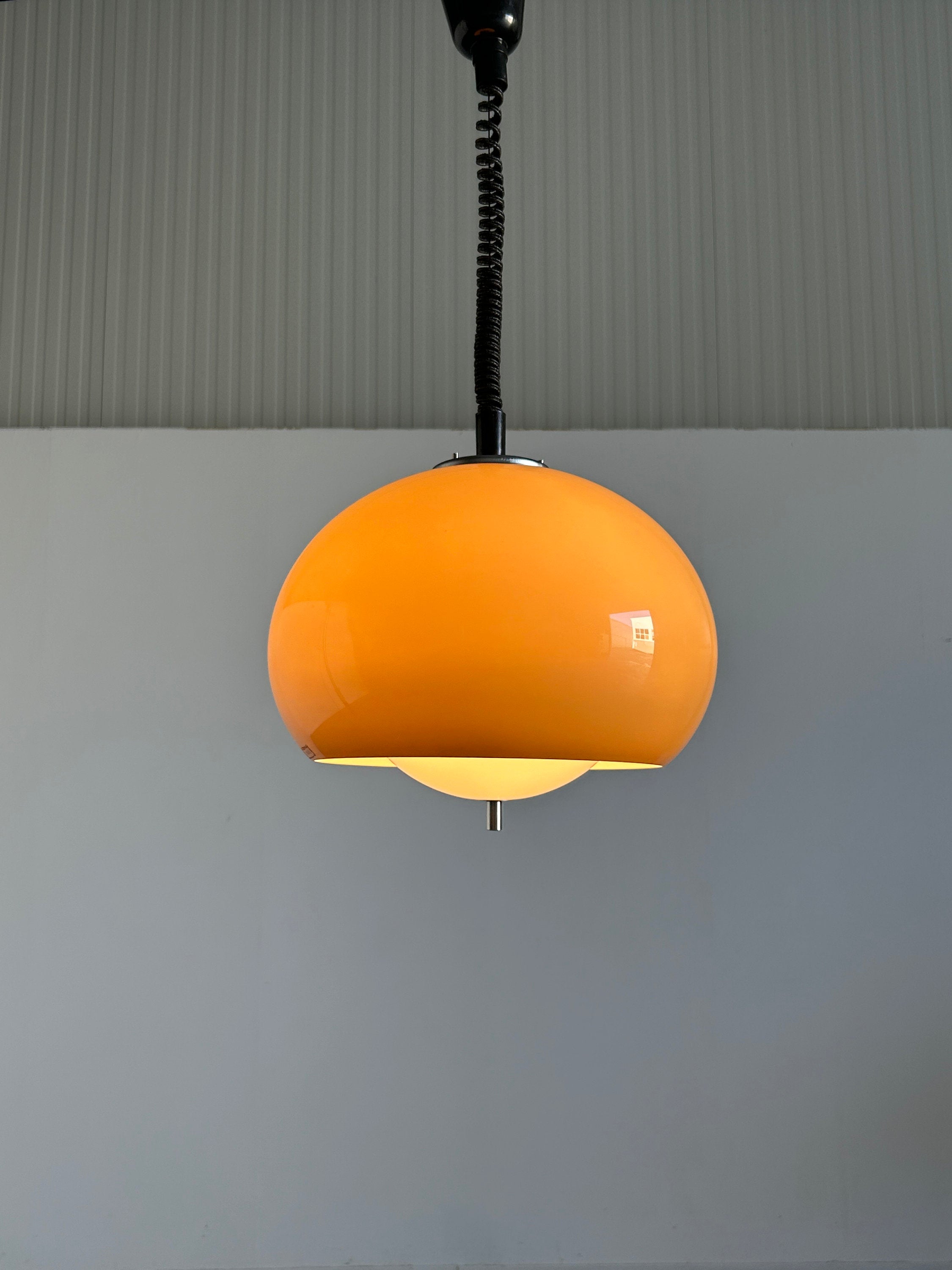 Vintage Mid-Century Modern Brown Pendant Small Bud Mushroom Lamp by Harvey Guzzini for Meblo, 1970s Space Age / Atomic Age UFO Light