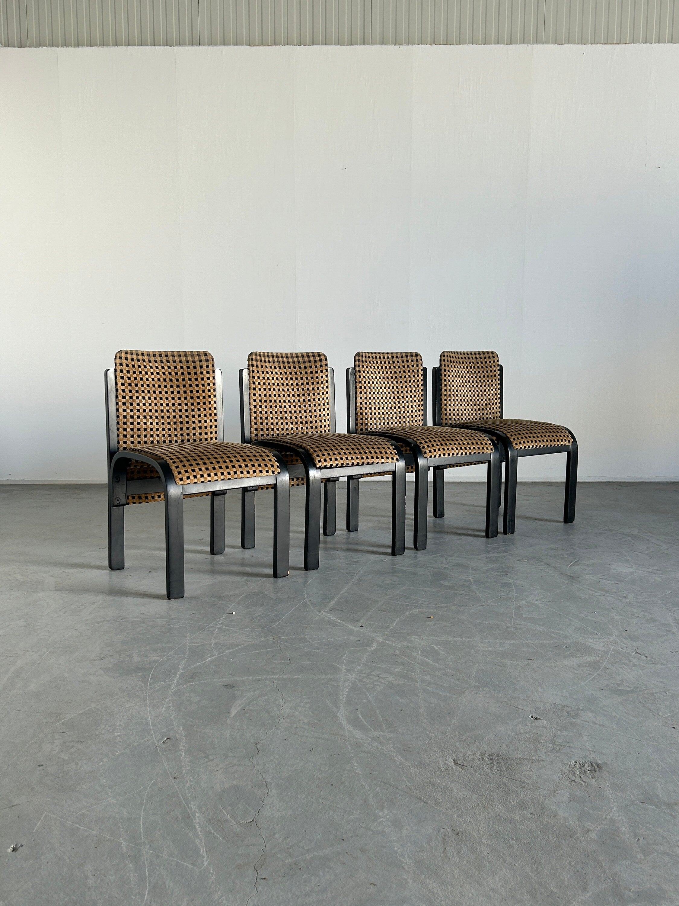 Italian Sculptural Lacquered Bentwood Dining Chairs, Geometric Pattern Velvet