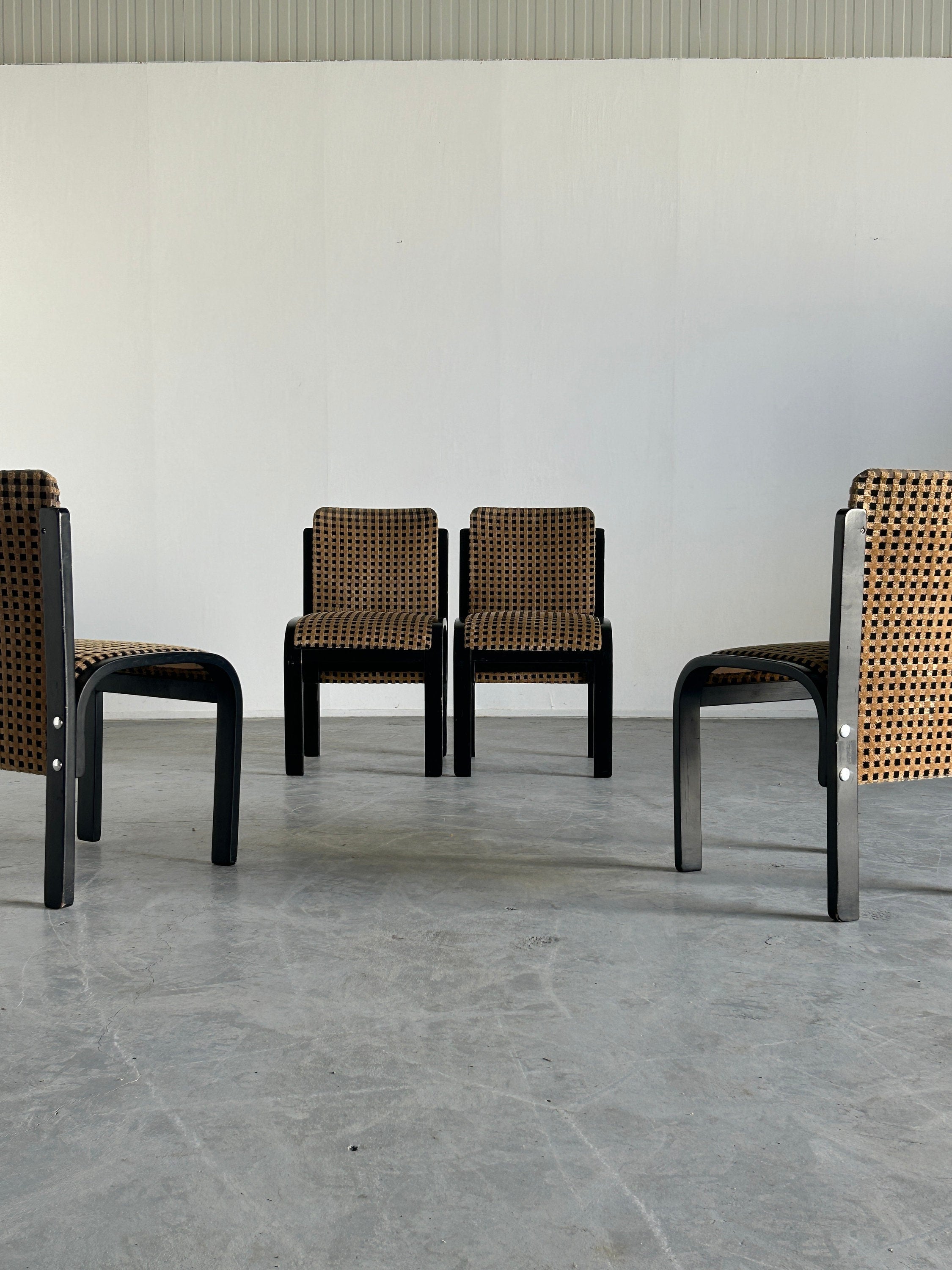 Italian Sculptural Lacquered Bentwood Dining Chairs, Geometric Pattern Velvet