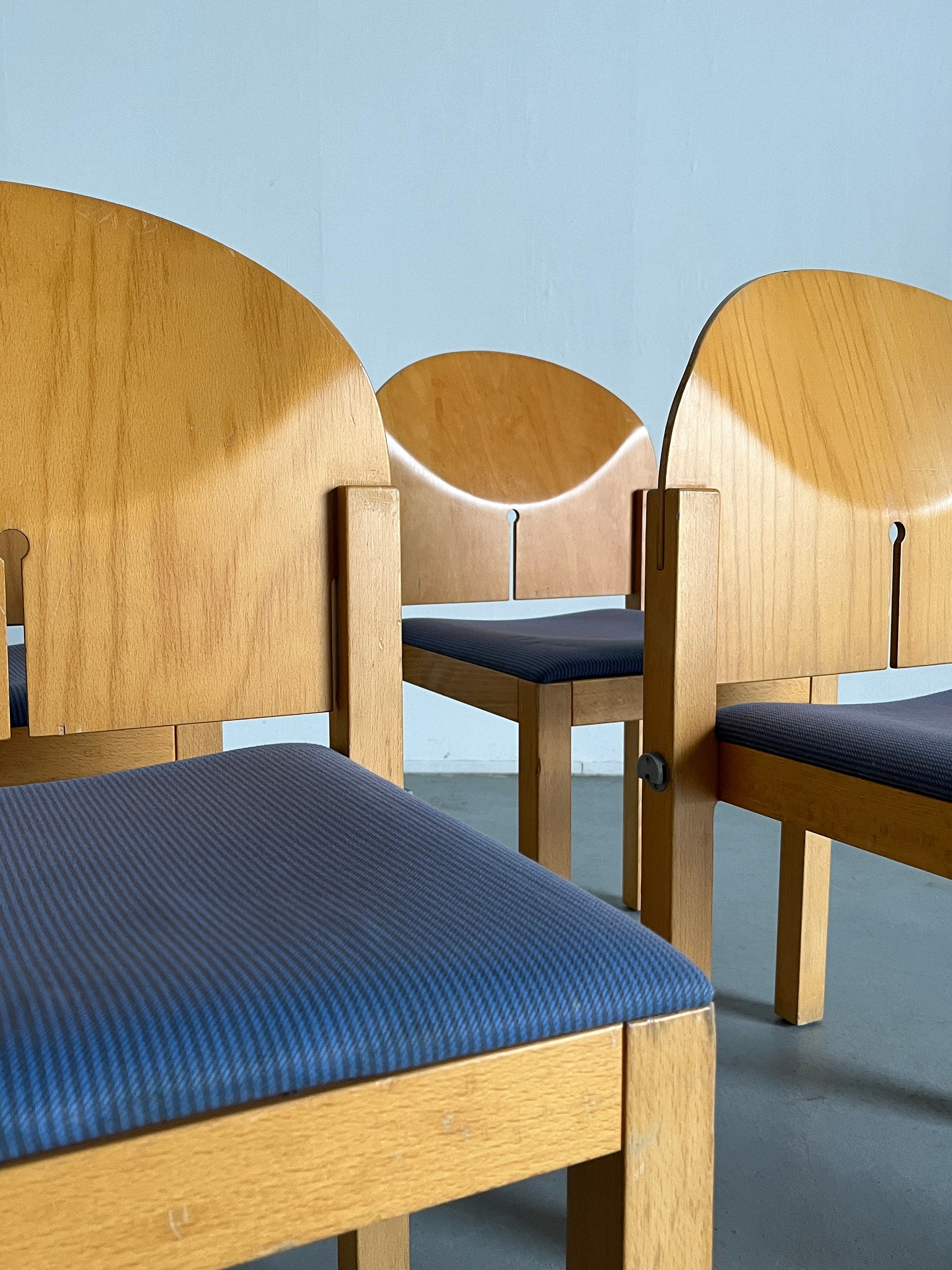 Set of 4 Postmodern Sculptural Wooden Stackable Dining Chairs by Arno Votteler for Bisterfeld and Weiss, Germany 1980
