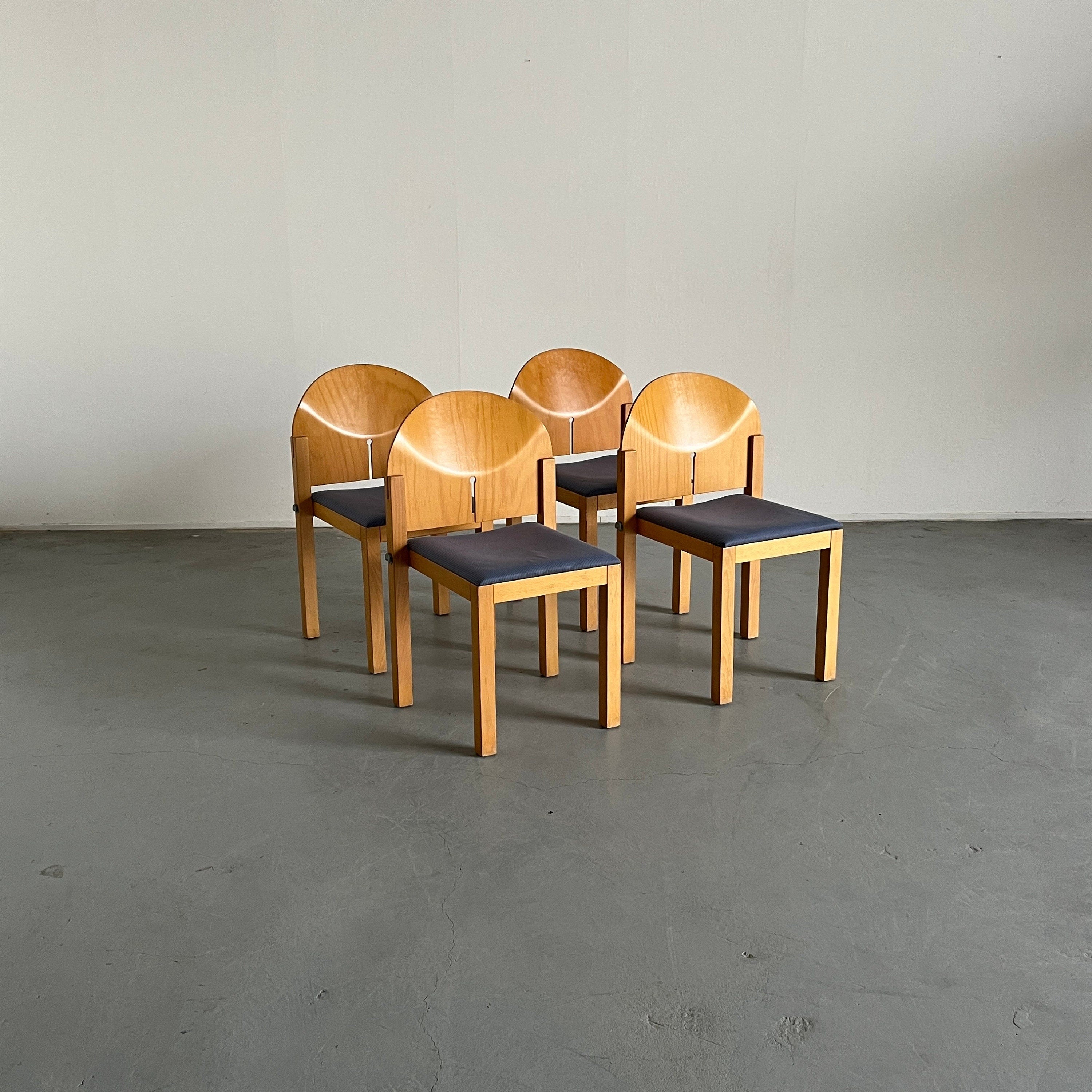 Set of 4 Postmodern Sculptural Wooden Stackable Dining Chairs by Arno Votteler for Bisterfeld and Weiss, Germany 1980