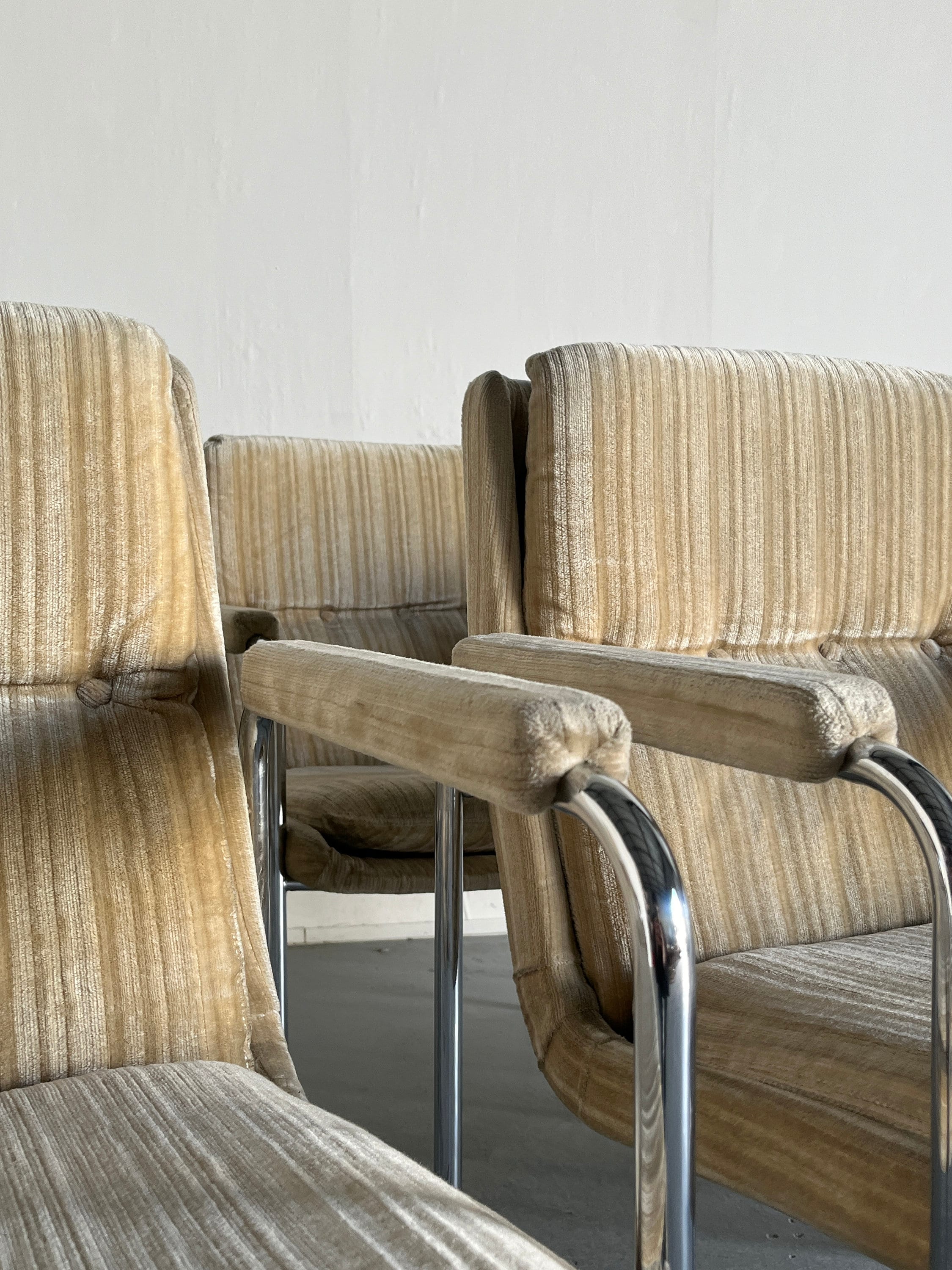Mid-Century Chrome Tubular Steel and Striped Upholstery Armchairs, 1970s