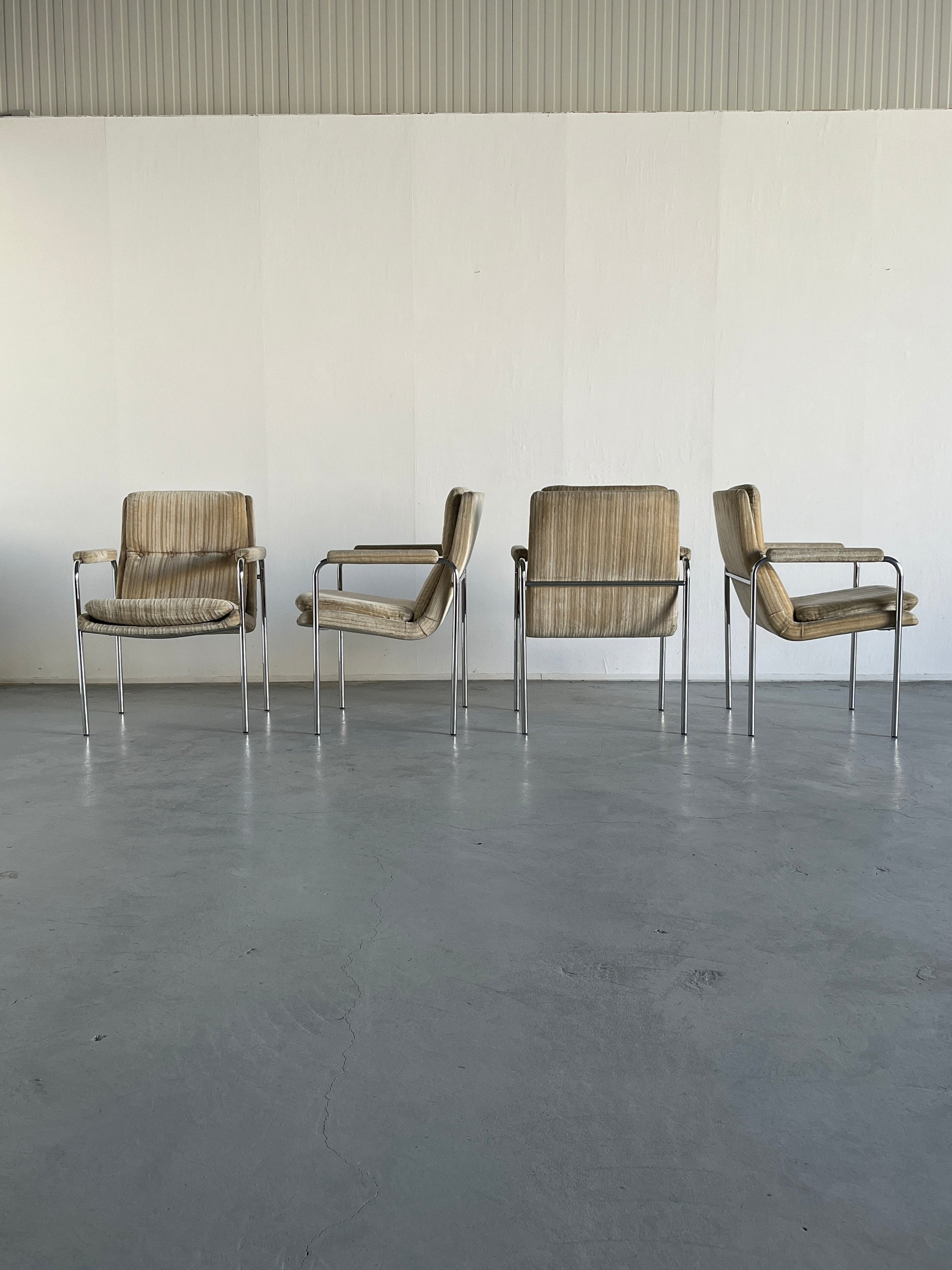 Mid-Century Chrome Tubular Steel and Striped Upholstery Armchairs, 1970s