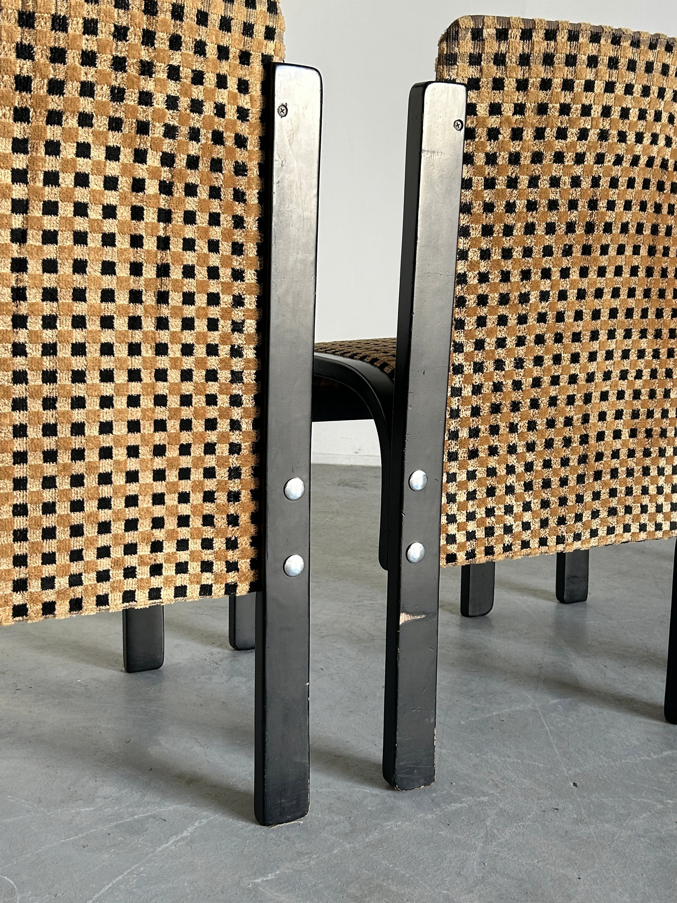 Italian Sculptural Lacquered Bentwood Dining Chairs, Geometric Pattern Velvet