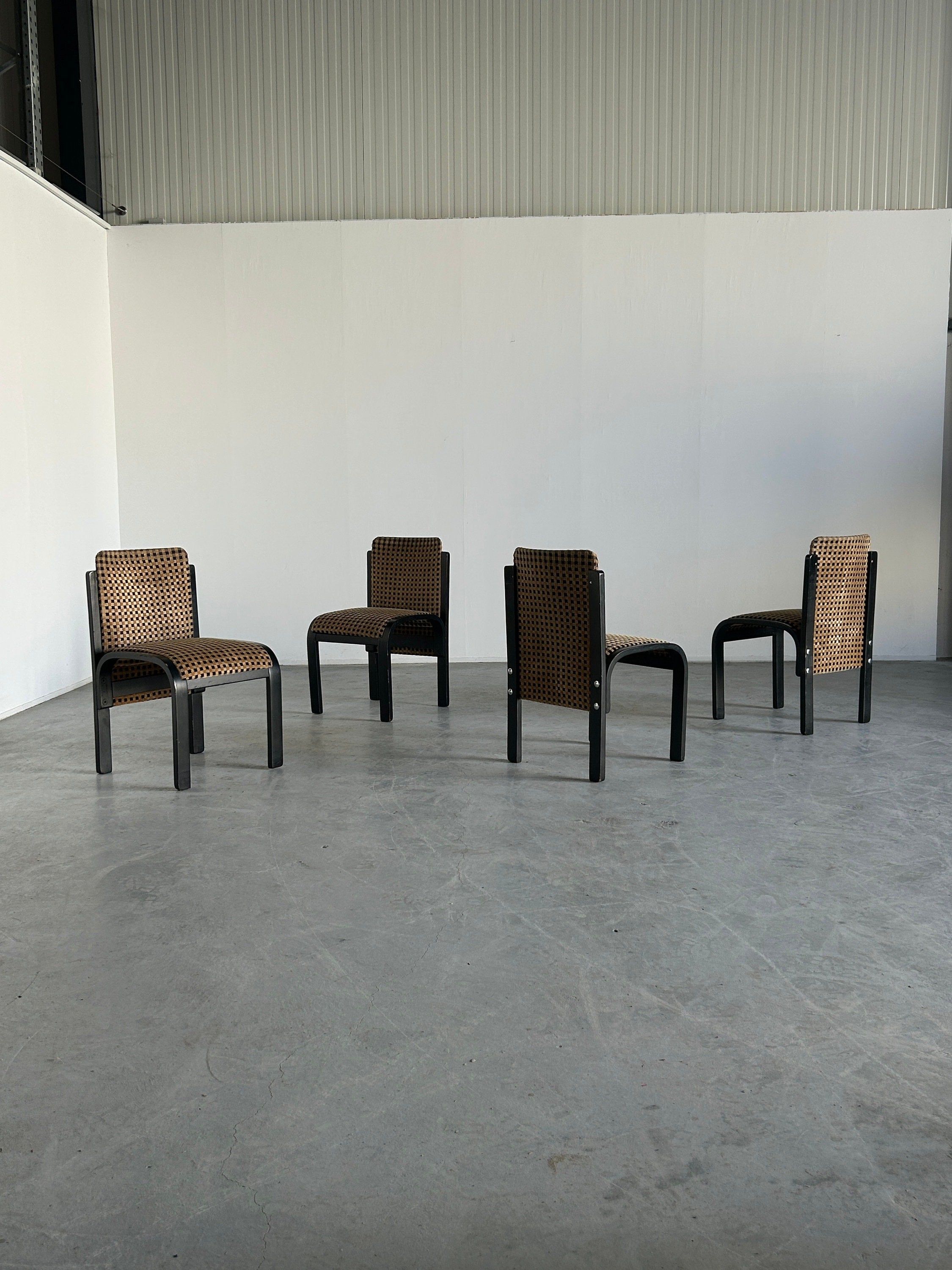 Italian Sculptural Lacquered Bentwood Dining Chairs, Geometric Pattern Velvet