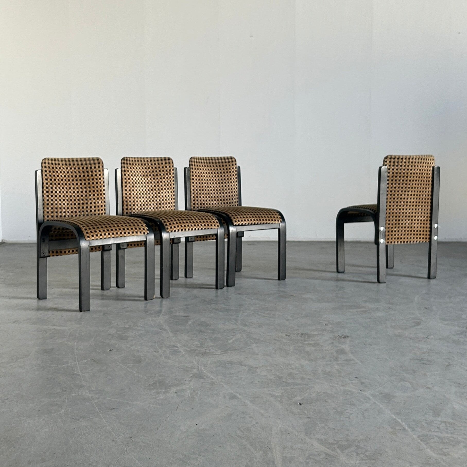 Italian Sculptural Lacquered Bentwood Dining Chairs, Geometric Pattern Velvet