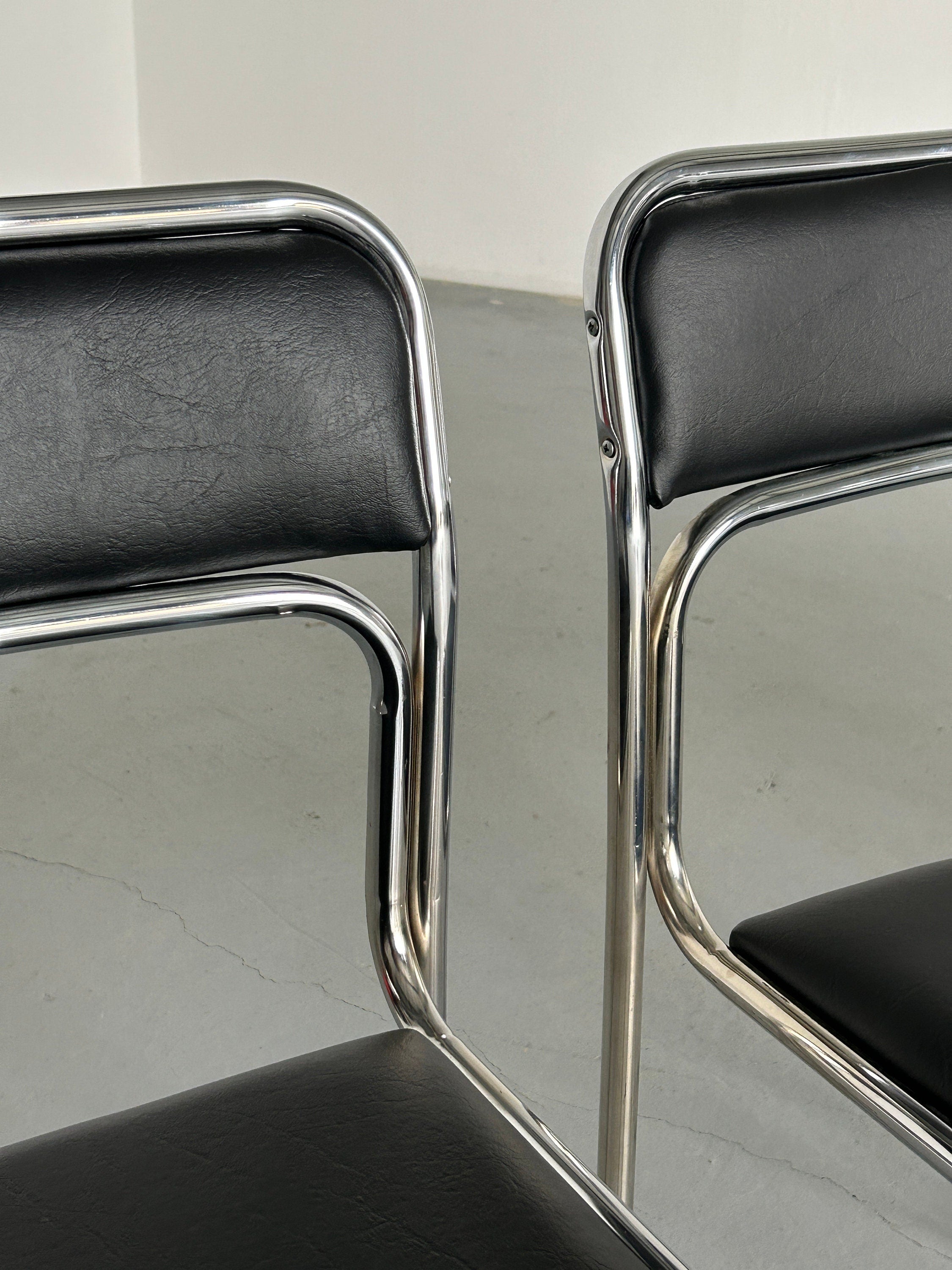 Bauhaus Chrome Tubular Steel and Black Chrome Leather Chairs