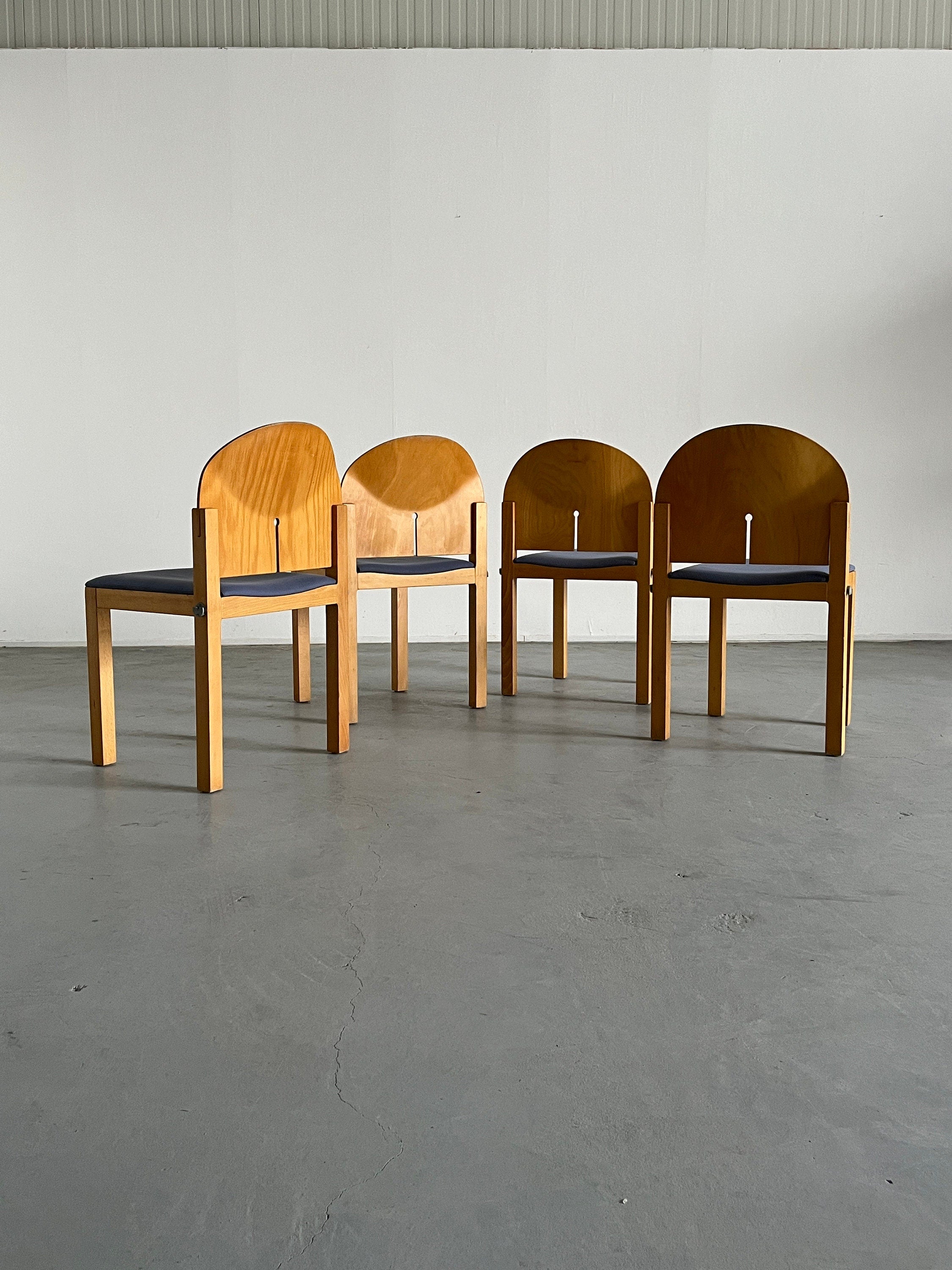 Set of 4 Postmodern Sculptural Wooden Stackable Dining Chairs by Arno Votteler for Bisterfeld and Weiss, Germany 1980