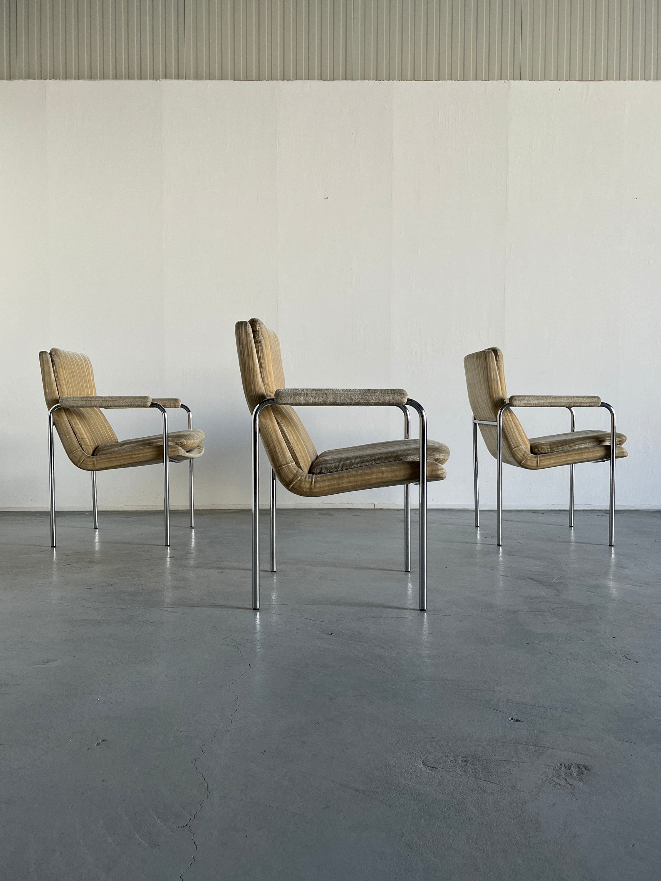 Mid-Century Chrome Tubular Steel and Striped Upholstery Armchairs, 1970s