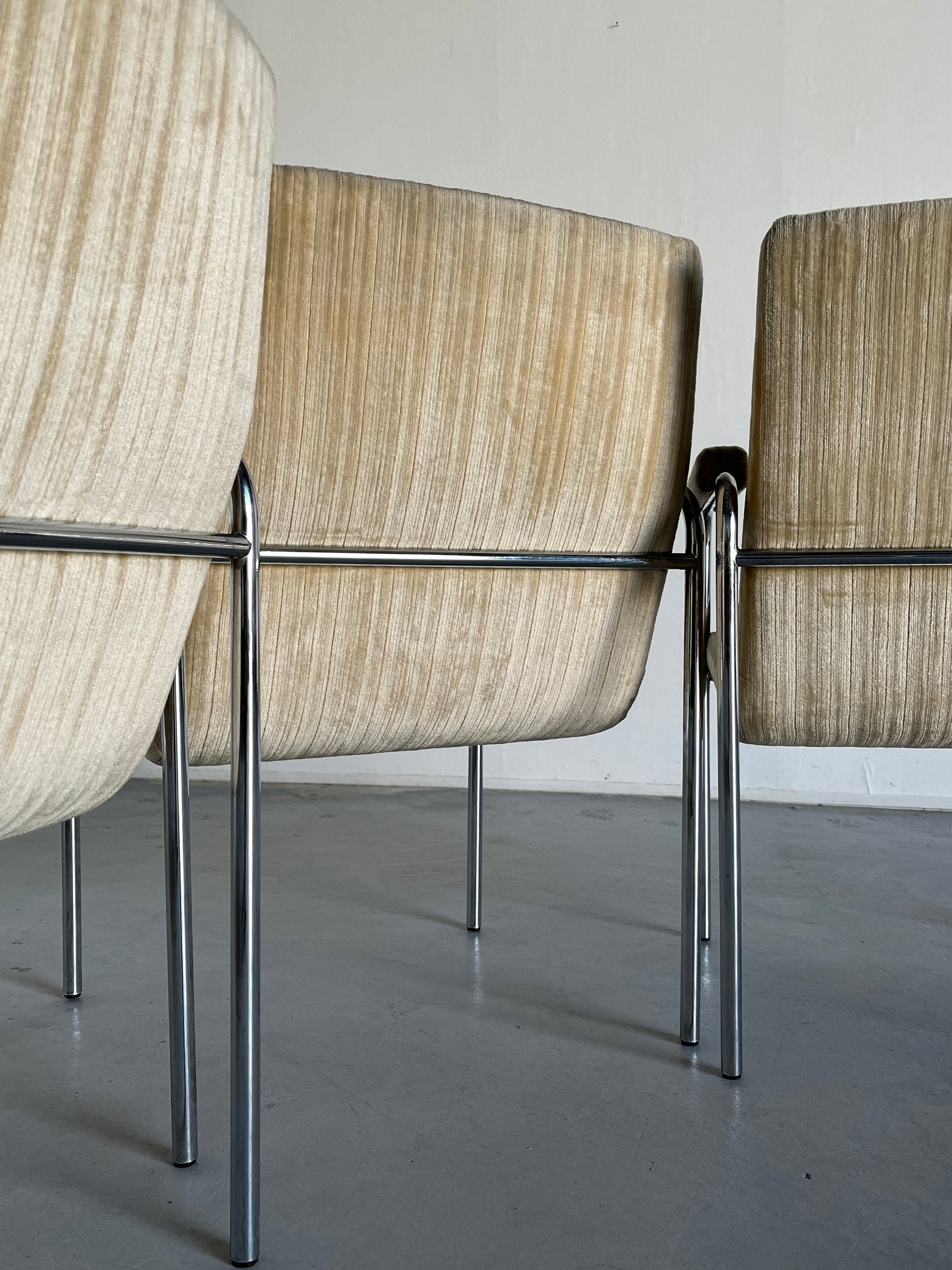 Mid-Century Chrome Tubular Steel and Striped Upholstery Armchairs, 1970s