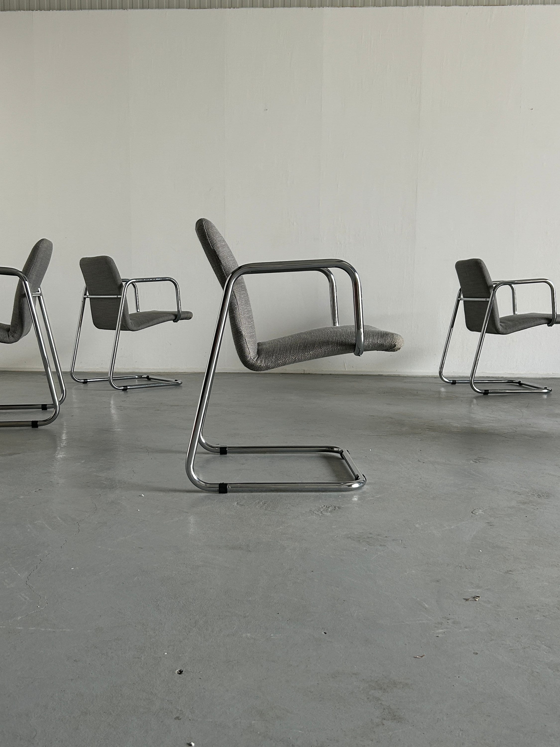 Italian Space Age Chromed Tubular Steel Cantilever Chairs, 1970s