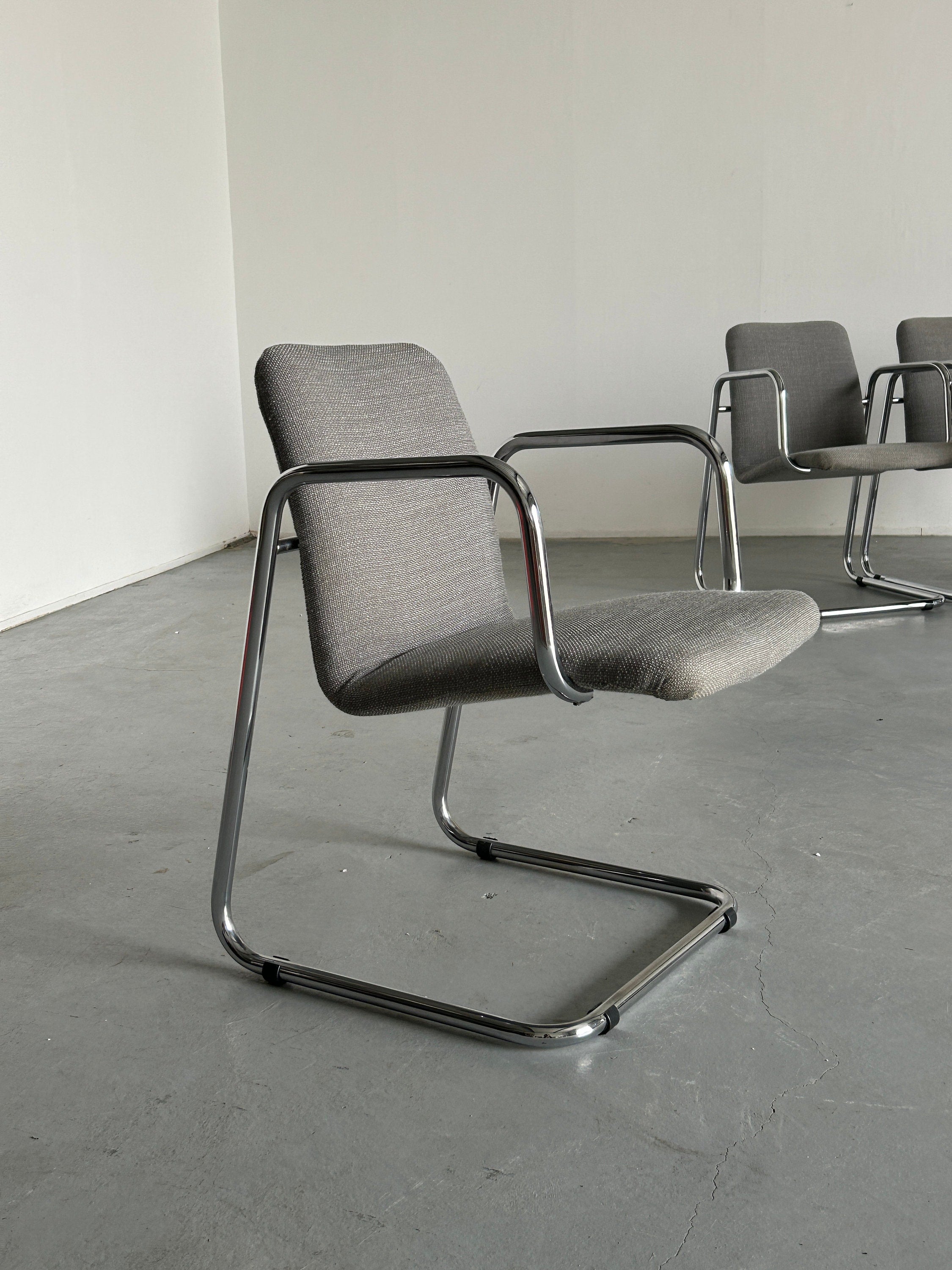 Italian Space Age Chromed Tubular Steel Cantilever Chairs, 1970s